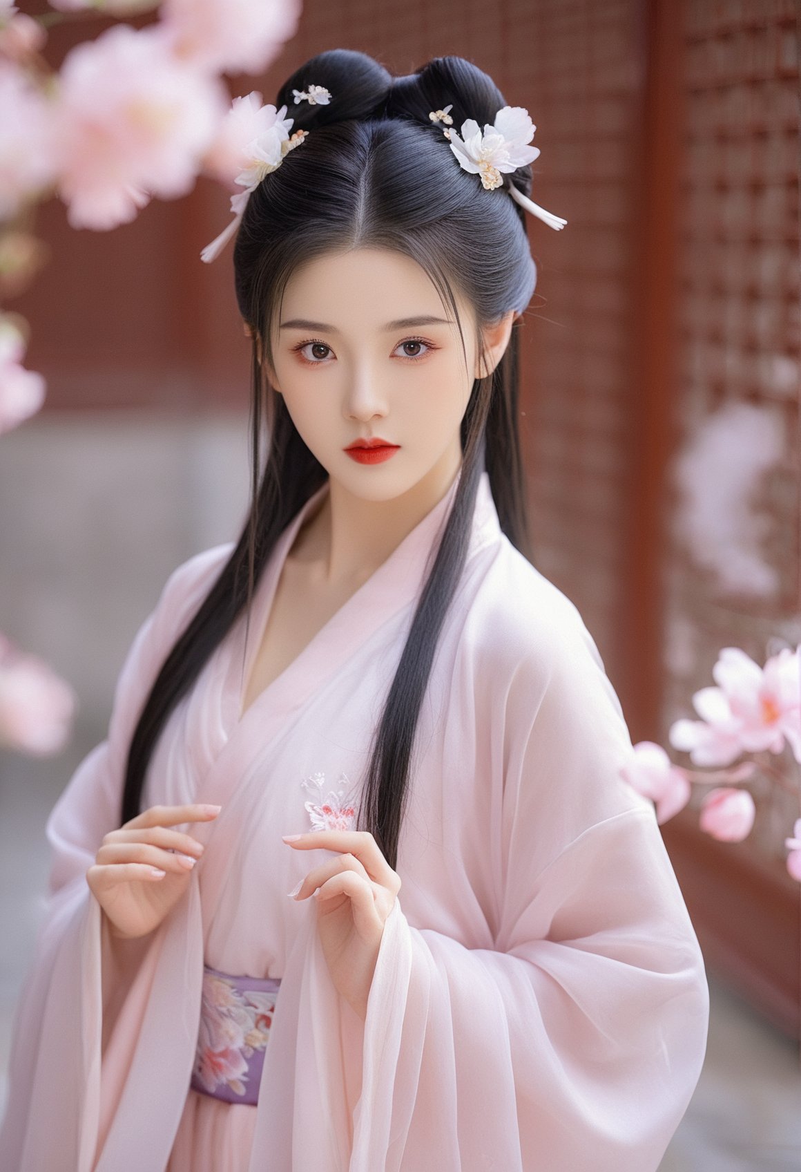 hanfu, jinghonghanfu, 1girl, solo, hair ornament, black hair, looking at viewer, chinese clothes, long hair, flower, blurry, hair flower, black eyes, upper body, blurry background, lips, realistic, red lips, closed mouth, forehead mark, hair pulled back, hand up, long sleeves, wide sleeves, hair bun, depth of field, from side, very long hair, robe, dress, white flower, masterpiece,best quality,high-resolution image,High quality,Superb lighting,Highly detailed,Sharp focus,8K UHD,