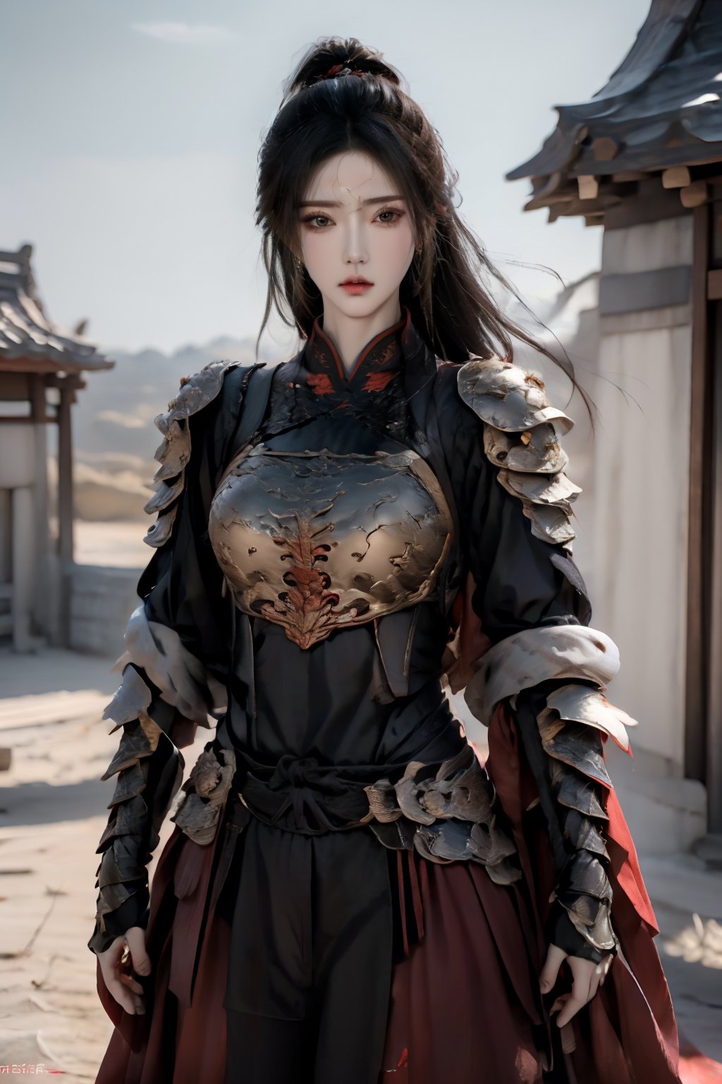 masterpiece,best quality,ultra detailed,photorealistic,1 women,solo,hip up,martial arts,armor,<lora:martial arts:0.7>,<lora:lxmix:0.6>,outdoor,