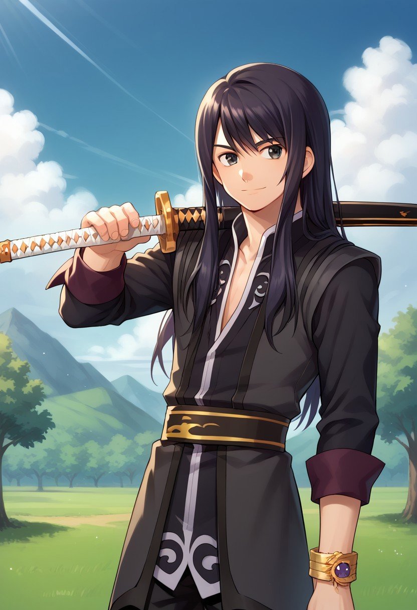 score_9, score_8_up, score_7_up, source_anime, highly detailed, lowell, 1boy, male focus, solo, black hair, long hair, black eyes, shirt, black shirt, rolled up sleeves, jewelry, bracelet, boots, knee boots, grey footwear, weapon, sword, over shoulder, weapon over shoulder, left-handed, smileoutdoor, sky, cloud, tree