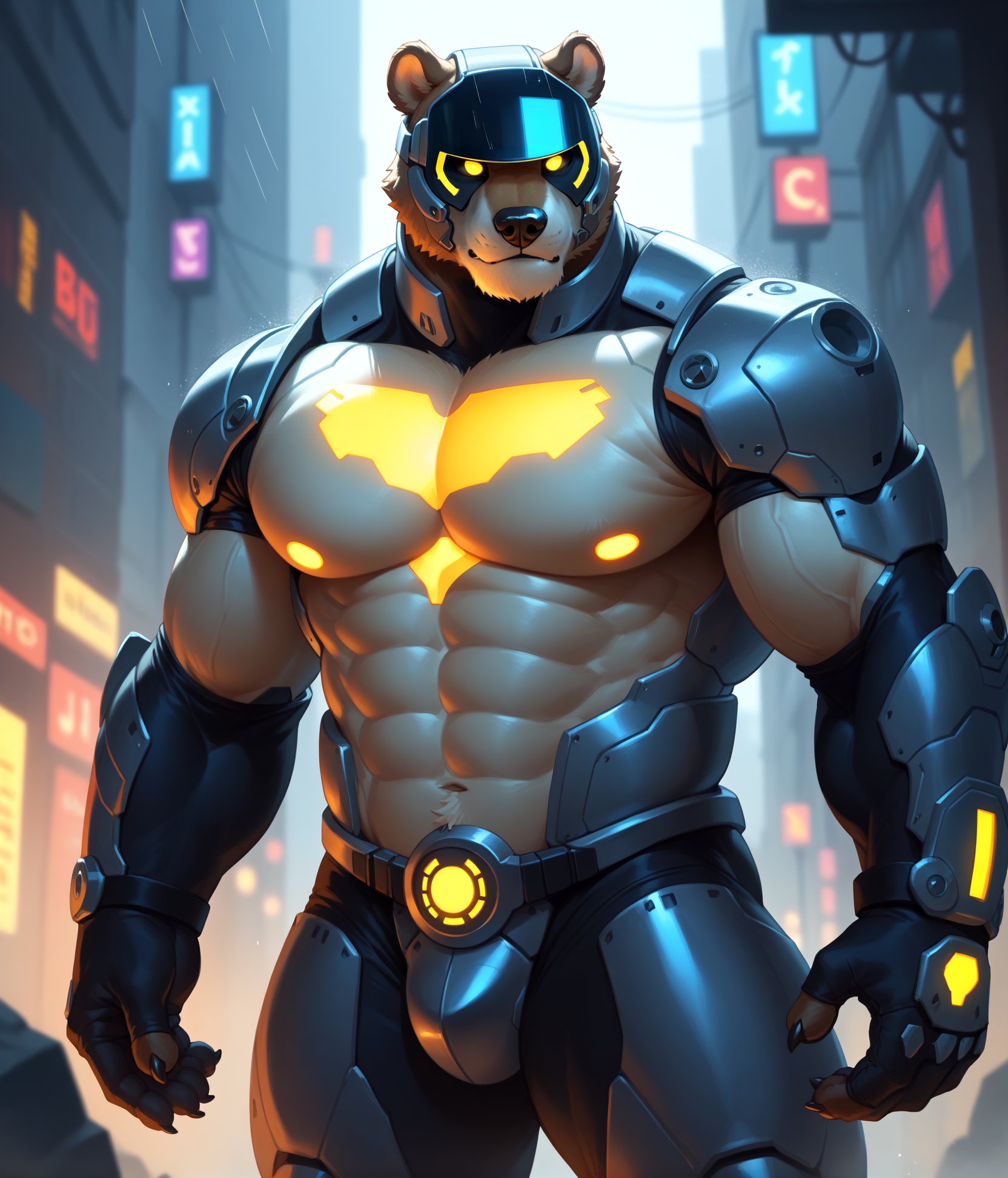 score_9,score_8_up,score_7_up,score_6_up,furry,kemono,high quality,tail,rating_explicit,embedding:zPDXL3 BREAK male furry,(bara),huge plump Chest Muscles,perfect anatomy,bear,Image depicts a futuristic,cyberpunk-style warrior standing in a neon-lit urban environment. The subject is clad in an elaborate,dark armored suit with intricate details and glowing gold accents. The helmet features sharp,angular designs with a menacing,visor-covered face. The armor includes various technological components in white and gold on the chest and arm. the overall aesthetic is dark and imposing. The background showcases a rainy city. Black Smoke emanating from behind,high-rise,tights,sfw,