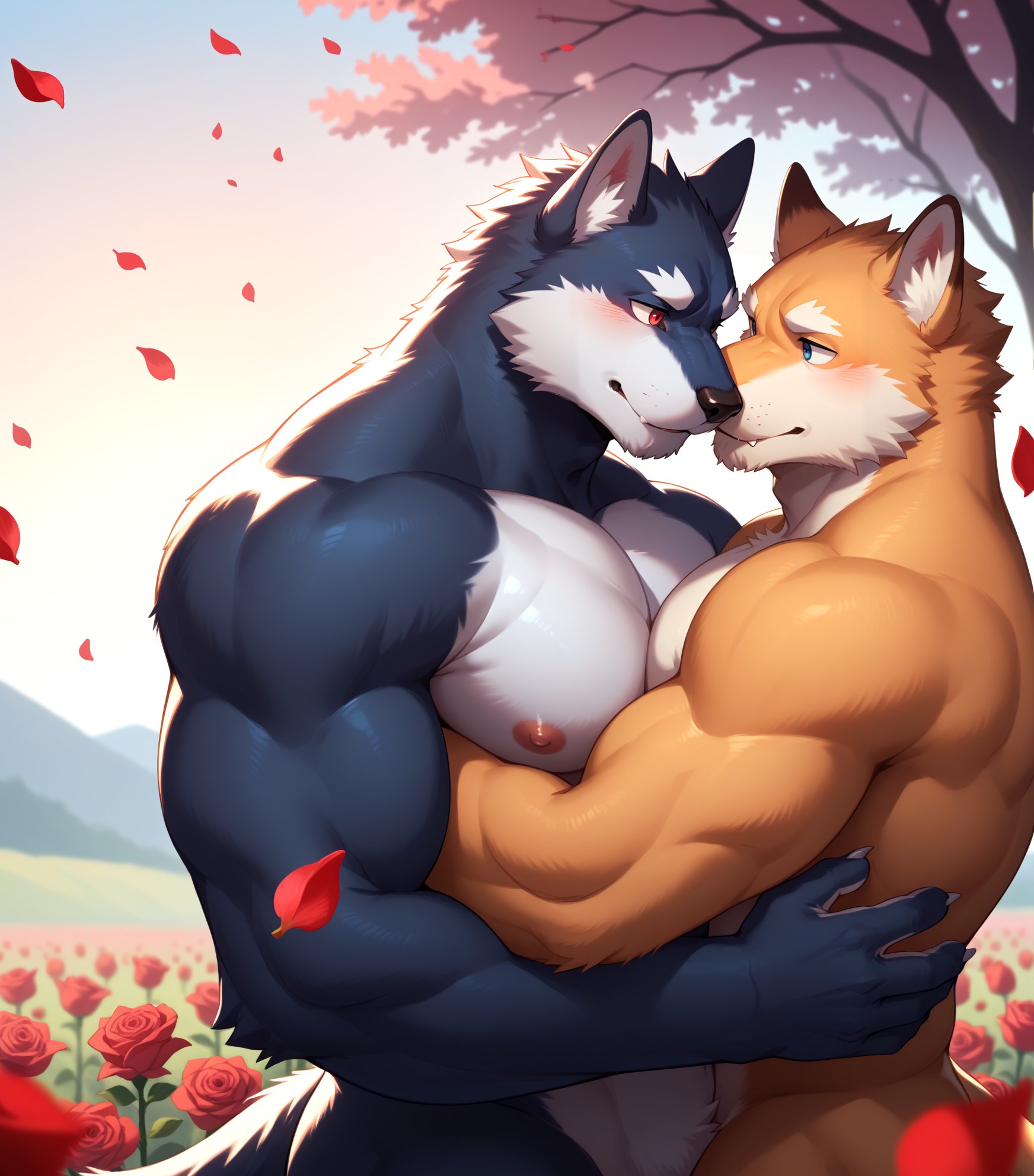 score_9,score_8_up,score_7_up,score_6_up,2furry,2kemono,high quality,Half body,tail,furry,rating_explicit,embedding:zPDXL3 BREAK anthro male furry,solo,Animation style,source_anime,(bara),huge Chest Muscles,perfect anatomy,((2furry,2kemono)),in love,((couple)),((lover)),flower field,roses,(flying petals),(hugging each other),romance,cherish,true love,((pink) sunset),Look at each other,(Nose to Nose:0.2),chest to chest,perfect anatomy,face to face,SFW,claw,eyes details,details 5finger,details hand,