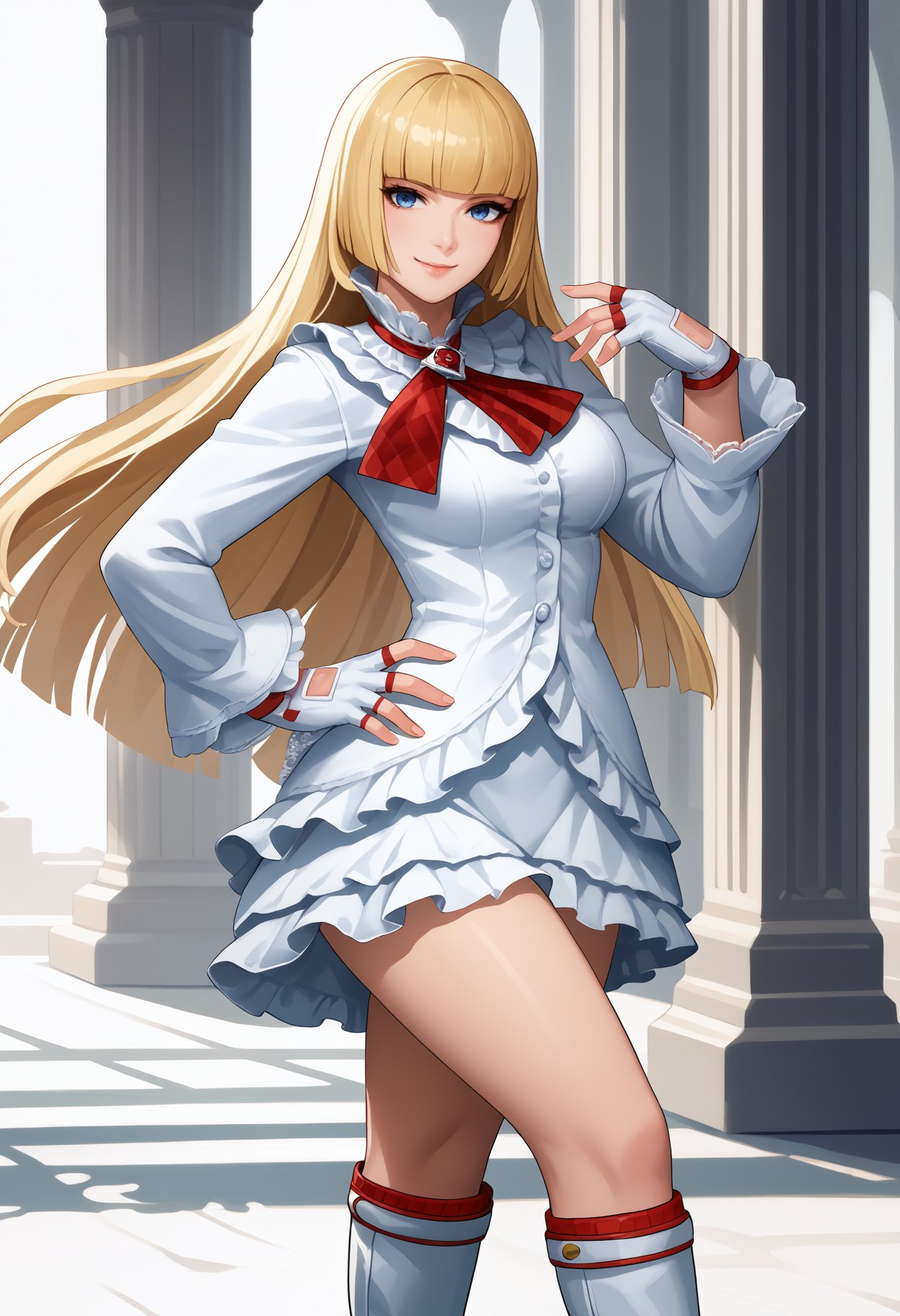 score_9, score_8_up, score_7_up, source_anime, <break> solo, 1girl, emilieog, smile, looking at you, standing, hand on own hip, long hair, blonde hair, blunt bangs, hime cut, blue eyes, frills, white dress, frilled dress, red ascot, long sleeves, white gloves, fingerless gloves, white footwear, knee boots, high heel boots, large breasts<segment:yolo-face_yolov8m.pt,0.4,0.5//cid=1>