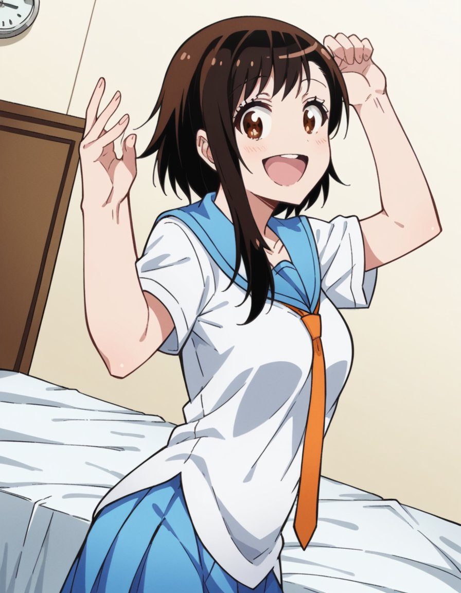 score_9, score_8_up, score_7_up, source_anime, <lora:kosaki-onodera-s2-ponyxl-lora-nochekaiser:1>, kosaki onodera, short hair, bangs, brown hair, brown eyes, short hair with long locks, asymmetrical hair, medium breasts,, skirt, shirt, thighhighs, school uniform, collarbone, white shirt, pleated skirt, necktie, serafuku, sailor collar, blue skirt, blue sailor collar, orange necktie,, bedroom, alarm clock, morning routine, yawning, stretching, on bed,, smile, looking at viewer, from side, solo,, cowboy shot, dutch angle