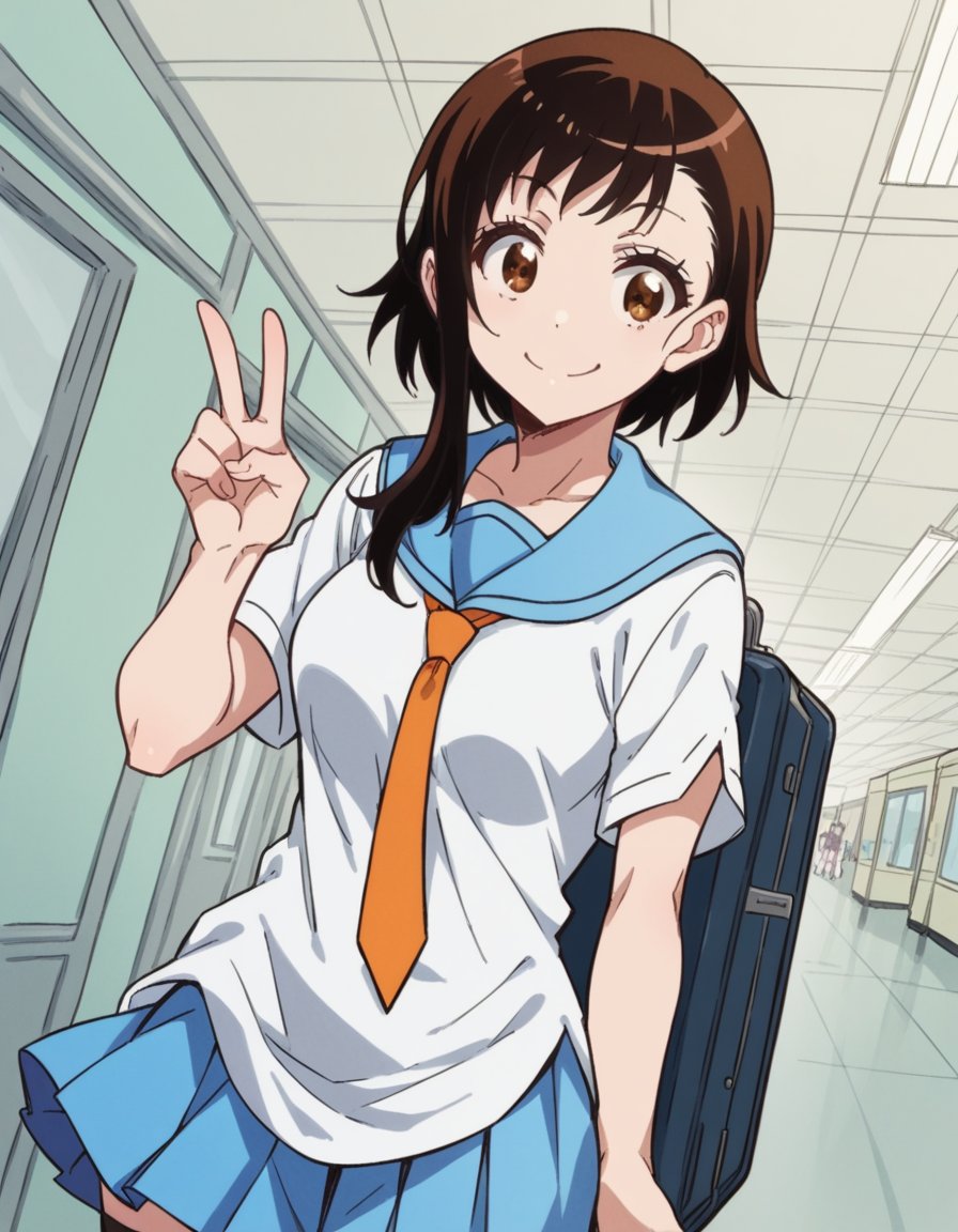 score_9, score_8_up, score_7_up, source_anime, <lora:kosaki-onodera-s2-ponyxl-lora-nochekaiser:1>, kosaki onodera, short hair, bangs, brown hair, brown eyes, short hair with long locks, asymmetrical hair, medium breasts,, skirt, shirt, thighhighs, school uniform, collarbone, white shirt, pleated skirt, necktie, serafuku, sailor collar, blue skirt, blue sailor collar, orange necktie,, airport, waiting area, suitcase, flight delayed, passengers, reading book, smile, , v, v over mouth, smug,, solo,, cowboy shot, dutch angle