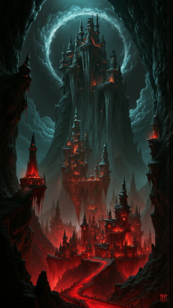 fantasy art stylized by Philip McKay and Kieran Yanner, surrealism art, Video Installation of a landscape of a Hellmouth and Gnome village, Awe, baroque, fractal, D&D, aidmaDarkfantasy