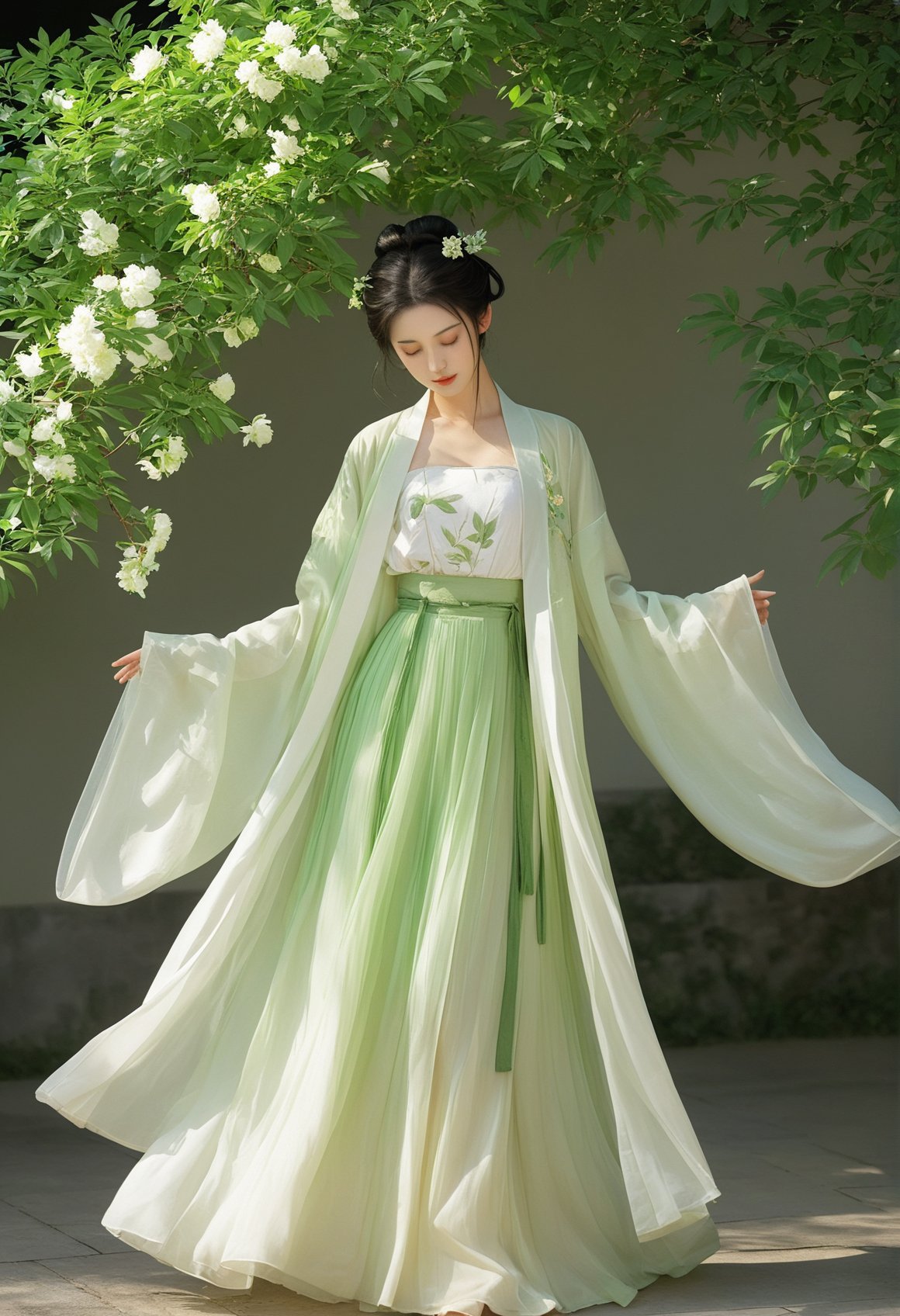 hanfu,1girl, dress, solo, closed eyes, black hair, flower, white dress, long sleeves, green dress, full body, shadow, leaf, chinese clothes, hair bun, standing, closed mouth, branch, single hair bun, jacket, facing viewer, white flower, green coat, masterpiece,best quality,high-resolution image,High quality,Superb lighting,Highly detailed,Sharp focus,8K UHD,