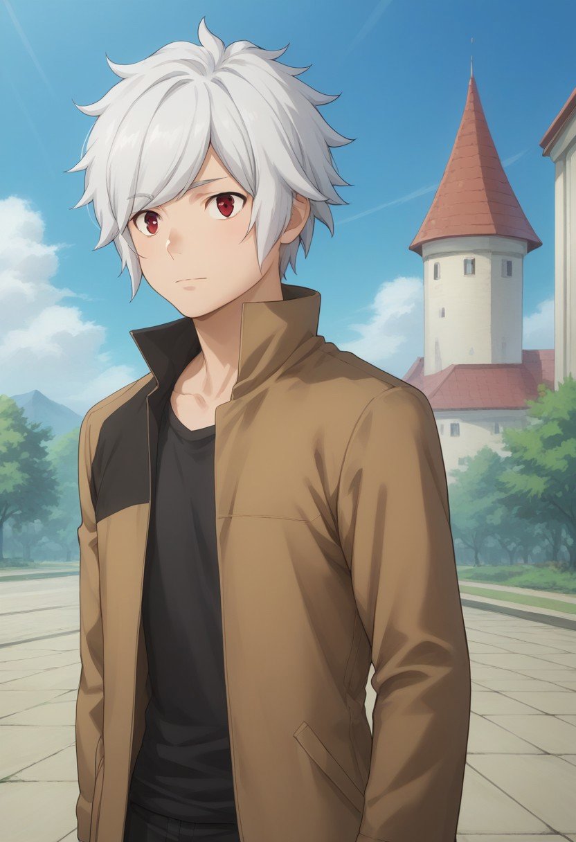 score_9, score_8_up, score_7_up, source_anime, highly detailed, belcranel,  1boy, male focus, solo, white hair, red eyes, shirt, black shirt, jacket, brown jacket, open jacket, open clothes, high collar,outdoor, sky,