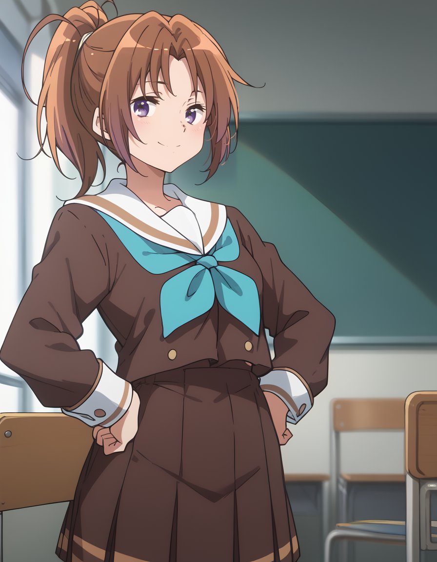 score_9, score_8_up, score_7_up, <lora:hibike!_euphonium_-_ natsuki_nakagawa:1>, nakagawa, long_hair, brown_hair, ponytail, purple_eyes, kitauji_high_school_uniform, long_sleeves, white_sailor_collar, brown_skirt, brown_shirt, blue_neckerchief, solo_pose, hands_on_hips, confident_smile, looking_away