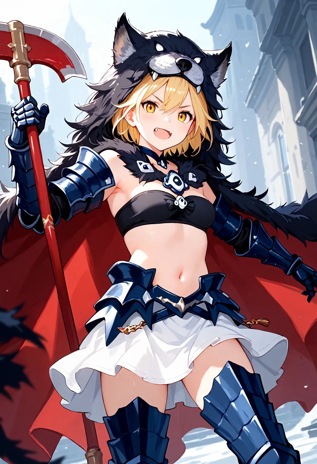 score_9, score_8_up, score_7_up, BREAK, best quality, masterpiece, very aesthetic, ultra detailed,very detailed background,BREAK,zPDXL3,Djeeta,Djeeta_Berserk, short hair, blonde hair, thighhighs, yellow eyes, midriff, cape, armor,grey fur trim, fangs, white skirt, gauntlets, armored boots, axe, grey_pelt, bandeau, bare shoulders <lora:Djeeta-ponyXL:1>