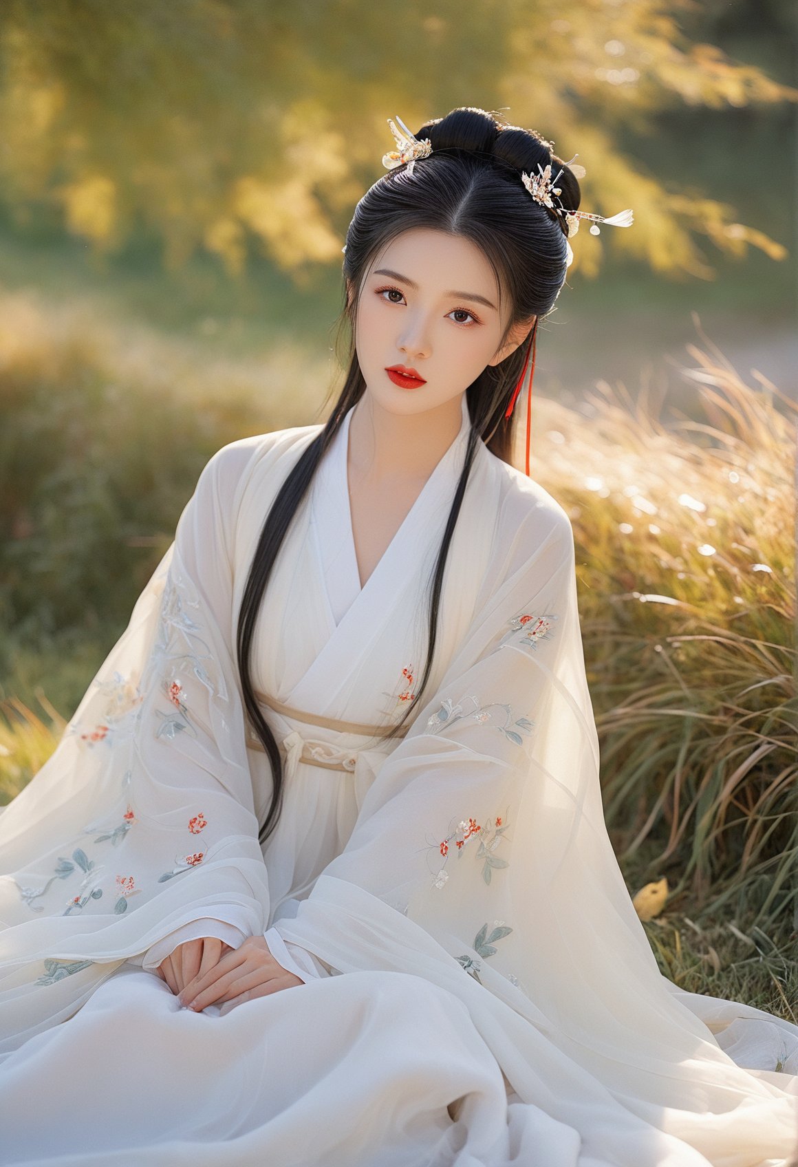 hanfu,1girl, solo, black hair, chinese clothes, long hair, hair ornament, outdoors, realistic, looking at viewer, sitting, dress, grass, long sleeves, black eyes, red lips, hair bun, blurry, wide sleeves, white dress, lips, blurry background, leaf, masterpiece,best quality,high-resolution image,High quality,Superb lighting,Highly detailed,Sharp focus,8K UHD,