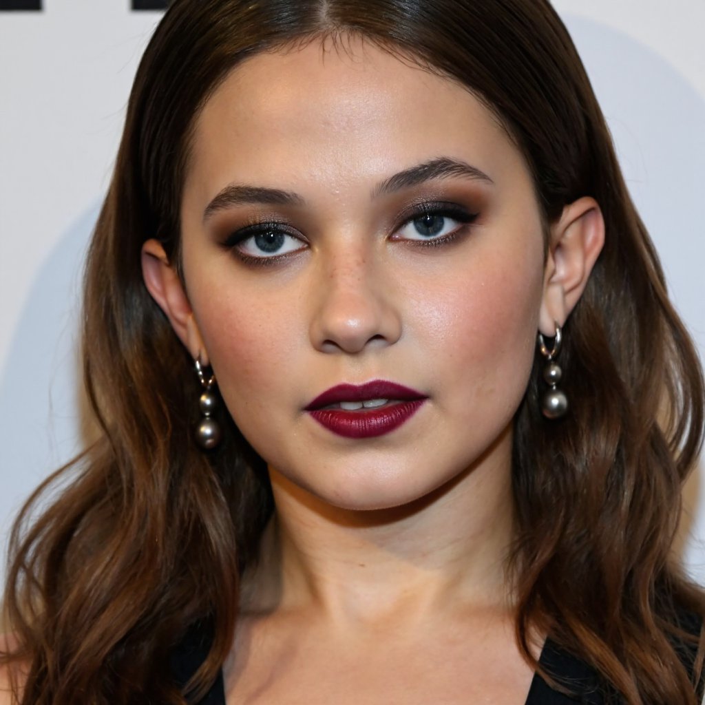 A close-up portrait of cailee_spaeny with long, dark hair. She wears a black sleeveless top and dangling earrings. Her eyes are closed, and her lips are painted a deep burgundy. The background is a textured, light-colored wall. Soft lighting illuminates her face, highlighting her features without harsh shadows. The image conveys a serene and contemplative mood.