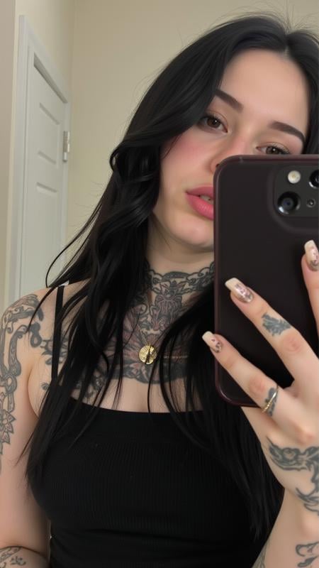 goth girl, long black hair, tattoo, selfie, Goth Girl