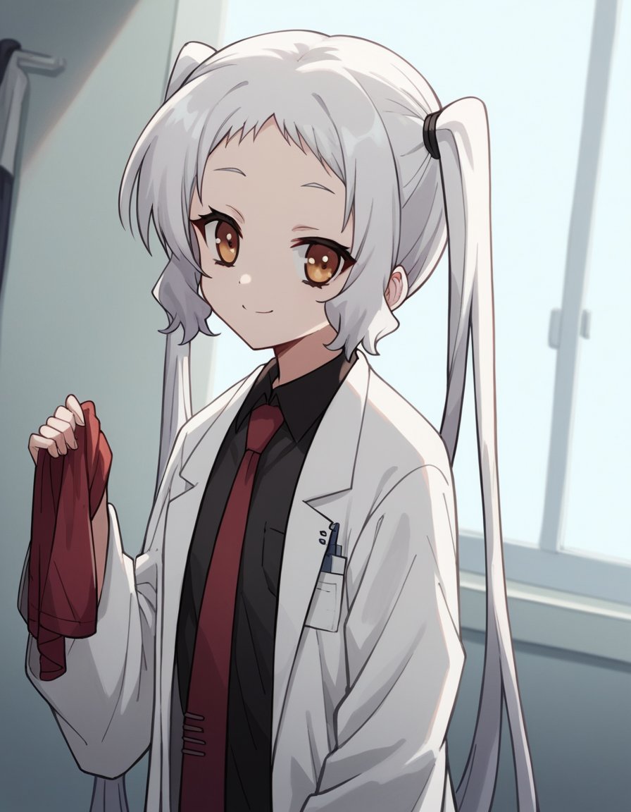 score_9, score_8_up, score_7_up, source_anime, <lora:korewazombie-ariel-s2-ponyxl-lora-nochekaiser:1>, ariel, long hair, twintails, brown eyes, white hair,, necktie, red necktie, labcoat, white labcoat, shirt, black shirt, collared shirt,, laundry day, clothesline, drying clothes, domestic life, fresh air, blue sky, , looking at viewer, smile, from side, solo,, cowboy shot, dutch angle