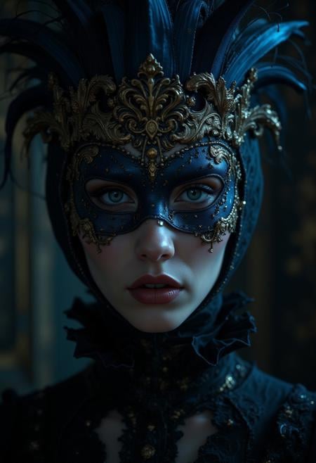 Cinematic style, Realistic, Photorealistic, Chiaroscuro, Beauty, High Quality,Beauty, realism, chiaroscuro, cinematic quality, rays of light, play of shadow and light, Abstract lighting effects, Victorian style. Gothic girl in a masquerade mask in the Baroque style, with gold and indigo decorative details, rough style