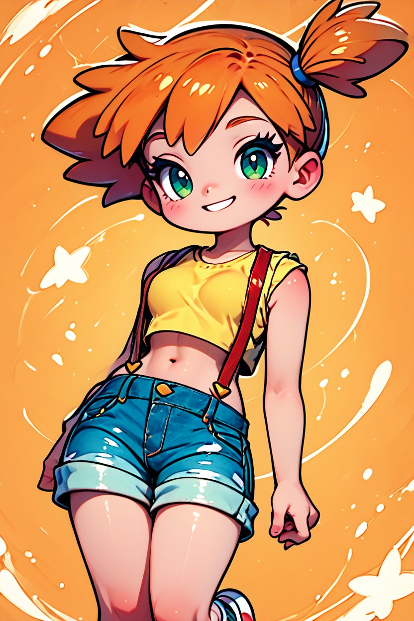 score_9, score_8_up, score_8, medium breasts, (curvy), cute, eyelashes,       BREAK, , zzMisty, green eyes, orange hair, short hair, side ponytail, shorts, suspenders, midriff, yellow crop top, navel, denim shorts, <lora:Misty_Pokemon_PDXL_v2:0.8>, , BREAK, socks, big shoes, smile, looking at viewer, cowboy shot, embedding:zPDXL, Expressiveh, <lora:CuteToonPDXL:1.0>,  <lora:SDXLFaeTastic2400:0.5>,  <lora:Expressive_H-000001:0.4>,