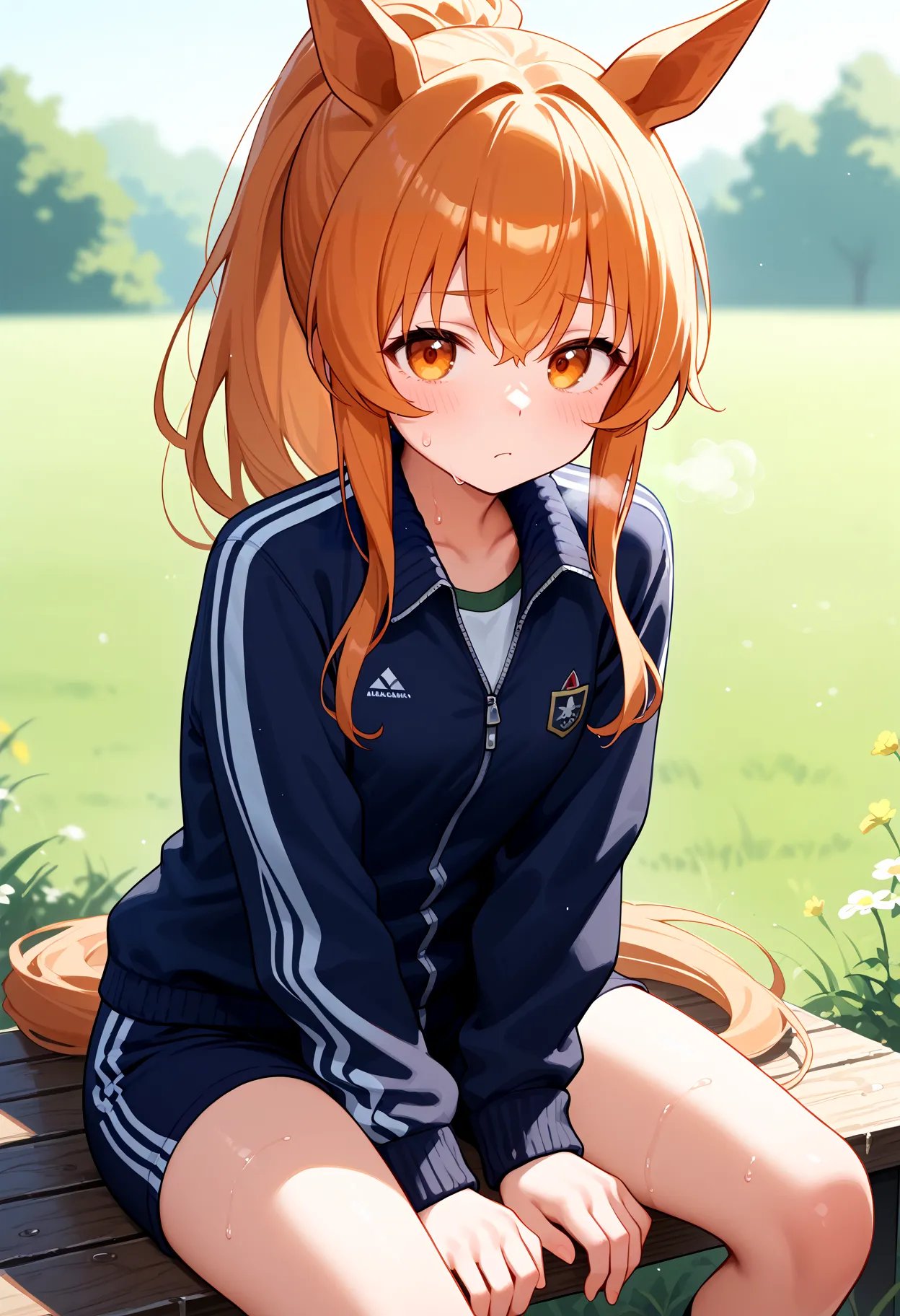 score_9, score_8_up, score_7_up, BREAK, best quality, masterpiece, very aesthetic, ultra detailed,very detailed background,ratingBREAK,zPDXL3,mayano, long hair, orange eyes, horse ears ,horse tail ,(ponytail:1.2),wet skin,steaming body,tracksuit,sweat drop,field,daytime,school gym clothes,Tired,standing, hands on knees,steam,Open Jersey,sitting,front view,small breasts, <lora:Mayano_Top_Gun-ponyXL:0.8>