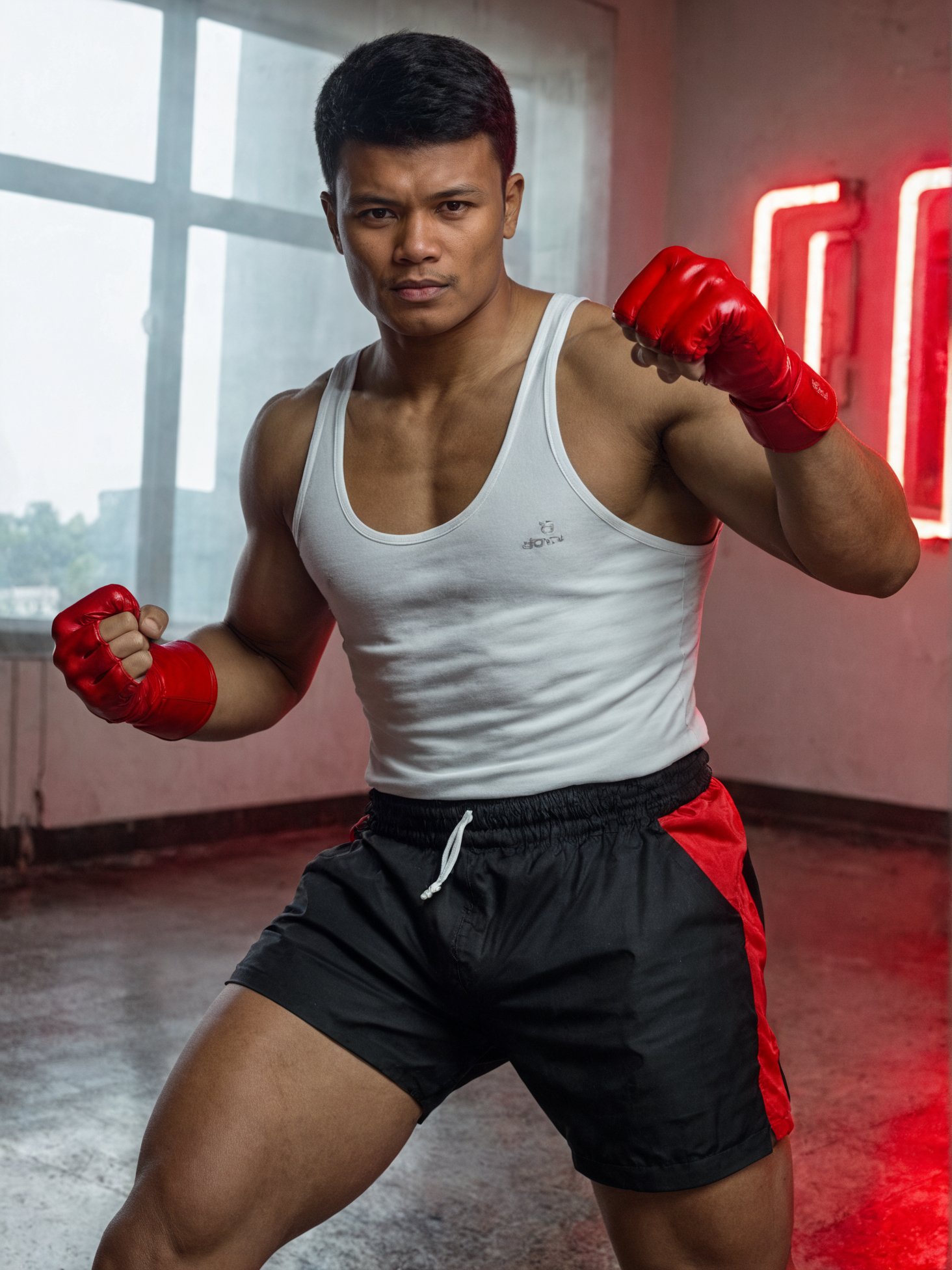 anatomically correct, solo, peemaipor, muscular, large pectorals, white tank top, black shorts, red fingerless gloves, fighting stance, studio lighting, in the dimly lit room,zPDXLxxx, <lora:PeemaiporkobkXL-B1ALM:1> <lora:add-detail-xl:0.8>