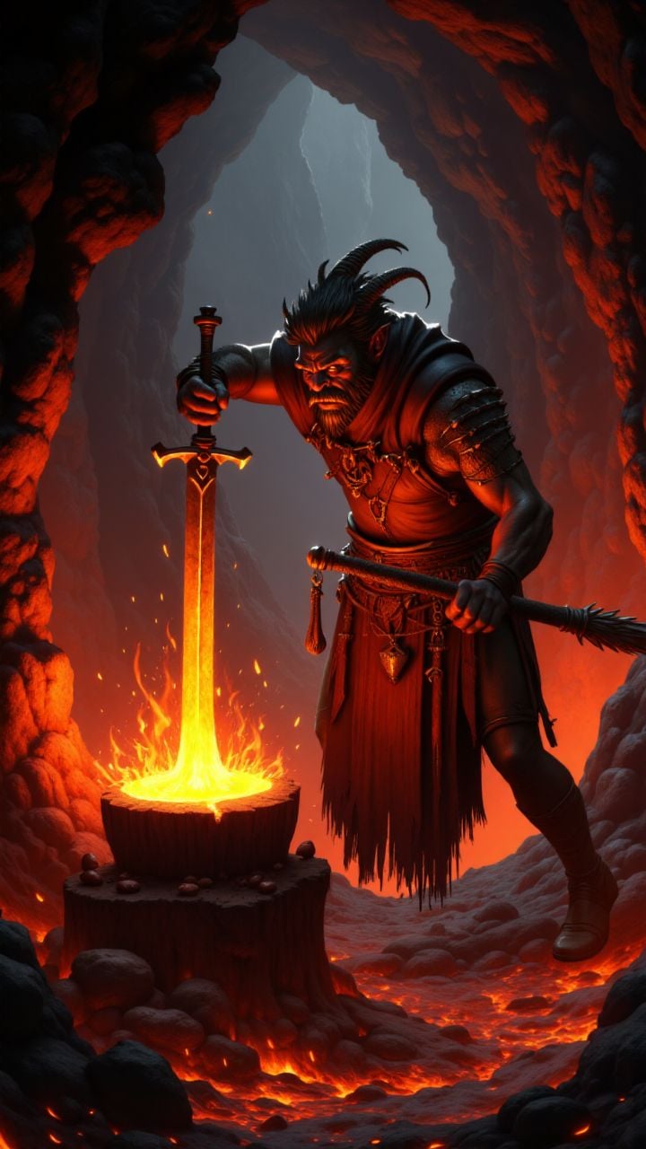 A cyclops blacksmith forging a magical sword in a volcanic cavern, lava, sparks, molten metal , <lora:aidmaDarkFantasy-FLUX-rapid-V0.1:1> , aidmaDarkfantasy