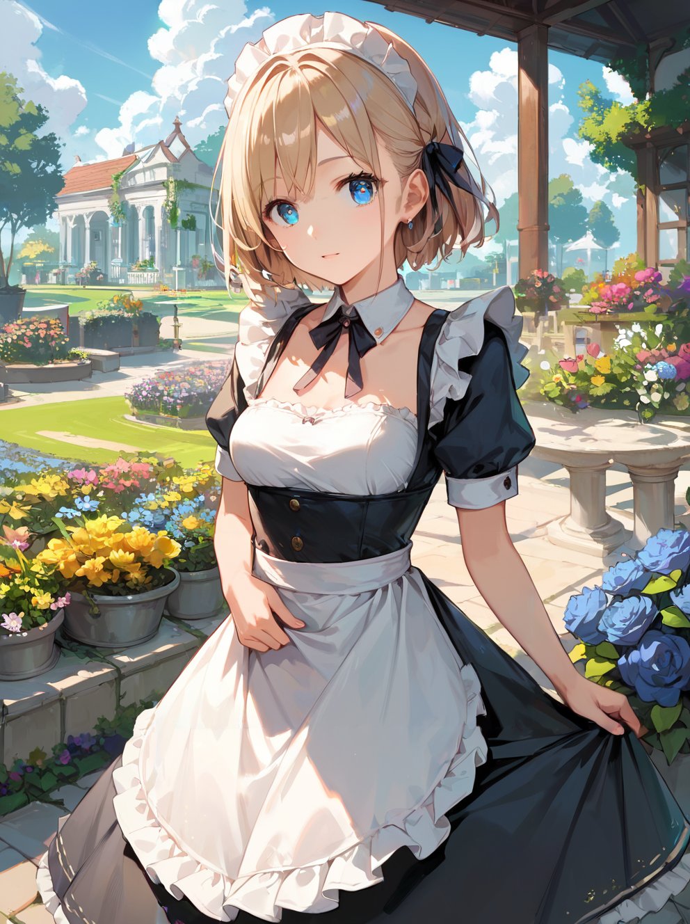 score_9, score_8_up, score_7_up,source_anime, high res image,masterpiece,best quality,girl,cute face,clear skin,shiny hair,ultra detailed eyes,maid dress,sky,garden,flowers