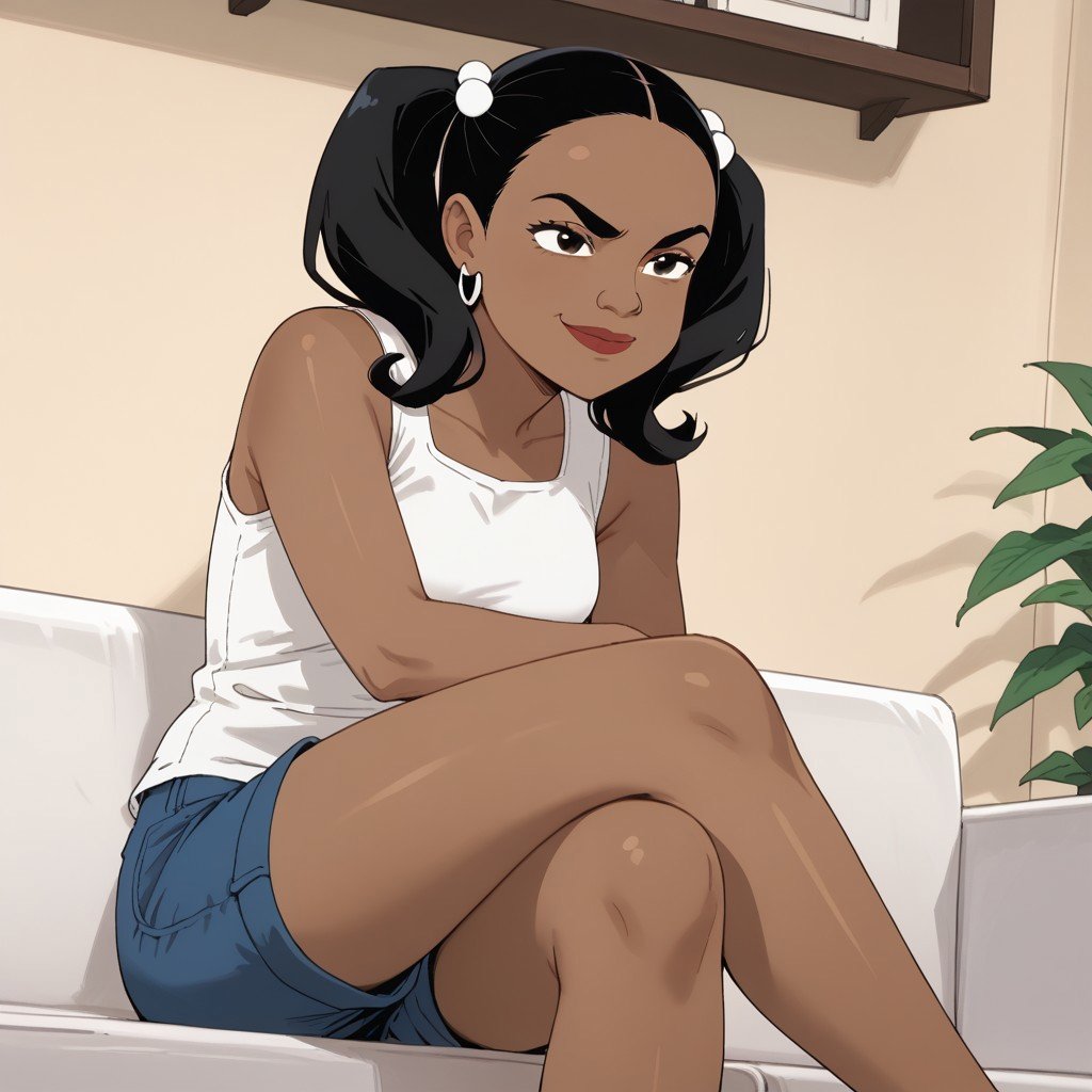 score_9, score_8, score_7, BREAK, solo, sharon_hawkins, dark-skinned female, black hair, earrings, twintails, hair bobbles, white tank top, shorts, smug, sitting, crossed legs