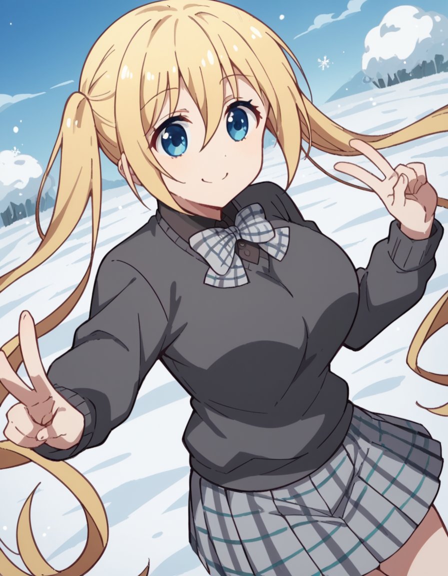 score_9, score_8_up, score_7_up, source_anime, <lora:kaho-hinata-s1-ponyxl-lora-nochekaiser:1>, kaho hinata, blonde hair, blue eyes, hair between eyes, long hair, sidelocks, twintails, large breasts, skirt, shirt, long sleeves, bow, school uniform, pleated skirt, collared shirt, bowtie, sweater, plaid, black shirt, plaid skirt, grey skirt, black sweater, grey bow,, snow day, winter clothes, snowball fight, laughter, cold breath, white landscape, smile, , v,, solo,, cowboy shot, dutch angle