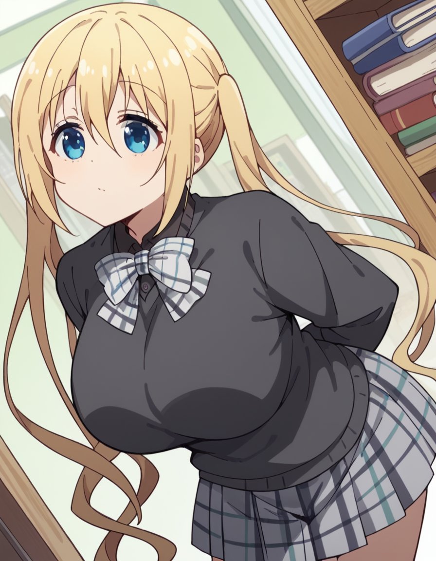 score_9, score_8_up, score_7_up, source_anime, <lora:kaho-hinata-s1-ponyxl-lora-nochekaiser:1>, kaho hinata, blonde hair, blue eyes, hair between eyes, long hair, sidelocks, twintails, large breasts, skirt, shirt, long sleeves, bow, school uniform, pleated skirt, collared shirt, bowtie, sweater, plaid, black shirt, plaid skirt, grey skirt, black sweater, grey bow,, bookstore, browsing shelves, new book smell, finding a favorite, quiet atmosphere, , , hands behind back, bent over,, solo,, cowboy shot, dutch angle