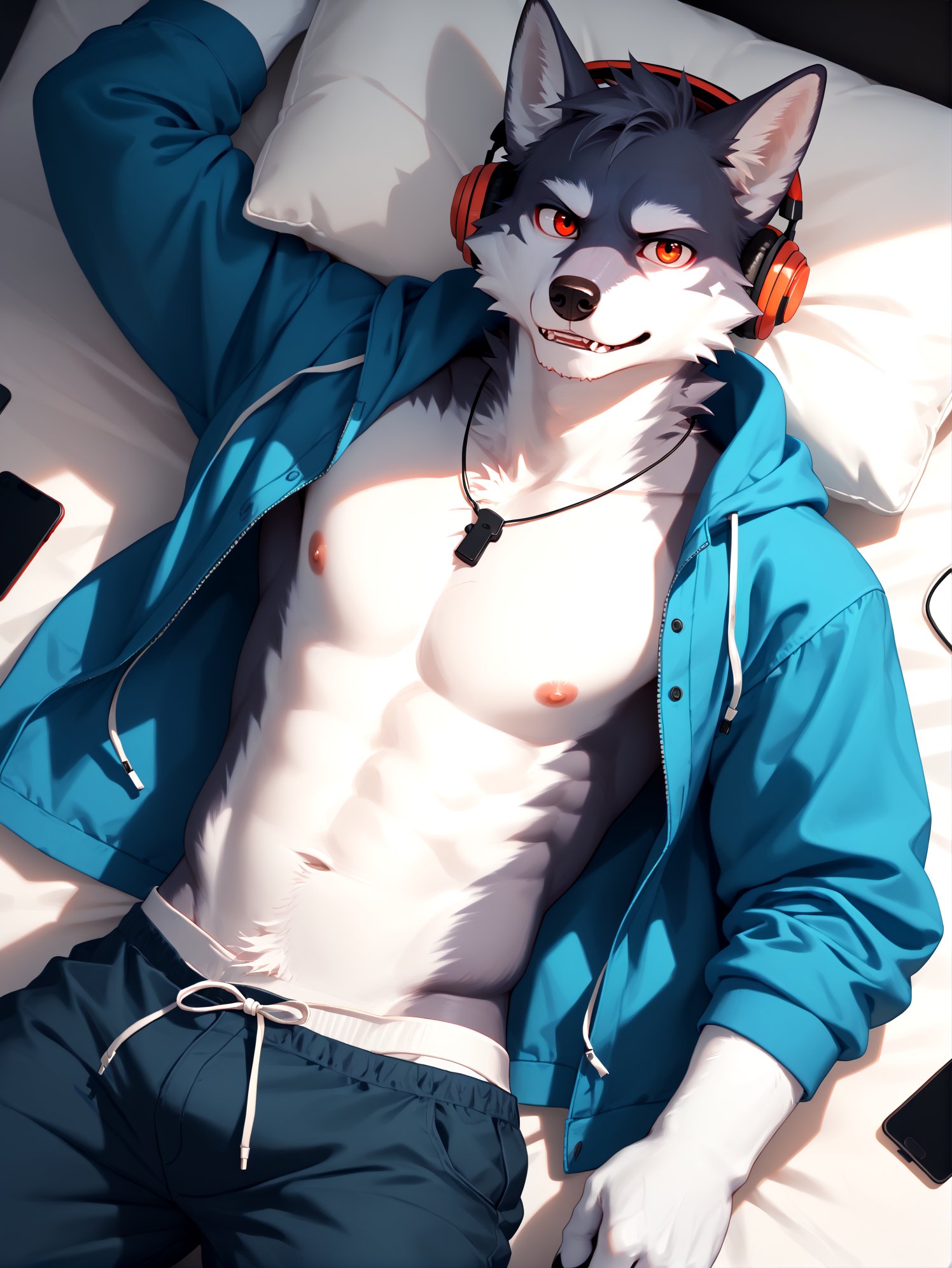 score_9,score_8_up,score_7_up,score_6_up,source_anime,furry,wolf,male,open clothing,high-angle view,lying,band-aid,wired headphones,looking at viewer,5finger,