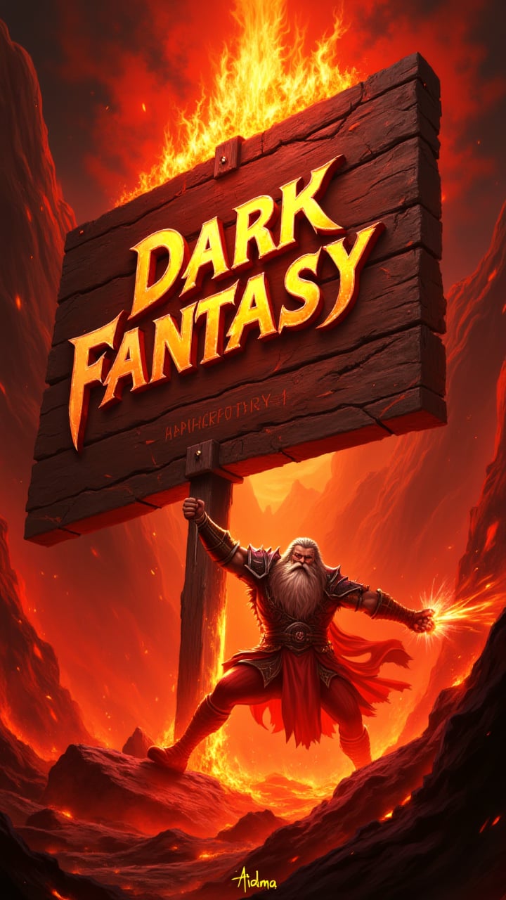 a huge sign with Text:"Dark Fantasy", aidmaDarkfantasy,      scene, character This is a vibrant, dynamic digital artwork in a fantasy style, depicting an intense battle scene between two powerful, mythical figures. The scene is set against a fiery, volcanic background with swirling red and orange hues, suggesting an infernal environment.