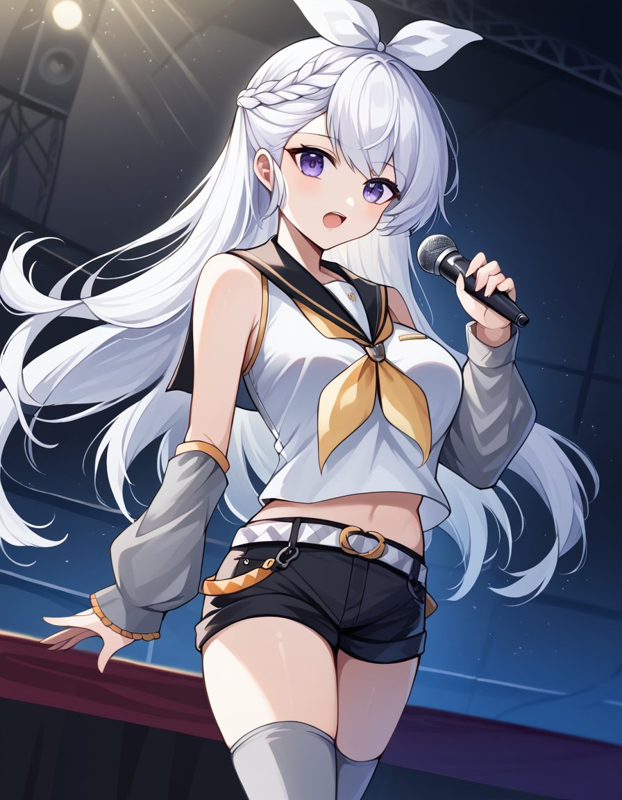 score_9, score_8_up, score_7_up, source_anime, <lora:azur-lane-belfast-ponyxl-lora-nochekaiser:1>, belfast, belfast (azur lane), braid, french braid, large breasts, long hair, sidelocks, white hair, purple eyes,, <lora:rin-kagamine-cosplay-ponyxl-lora-nochekaiser:1>, rinkagaminecosplay, rin kagamine (cosplay), bare shoulders, belt, black sailor collar, black shorts, bow, crop top, detached sleeves, grey legwear, grey shorts, grey sleeves, hair bow, leg warmers, neckerchief, sailor collar, school uniform, shirt, short shorts, short sleeves, shorts, white bow, white footwear, white shirt, yellow neckerchief,, indoors, stage, stage lights, audience, singing, microphone, holding microphone,, , cowboy shot, dutch angle,