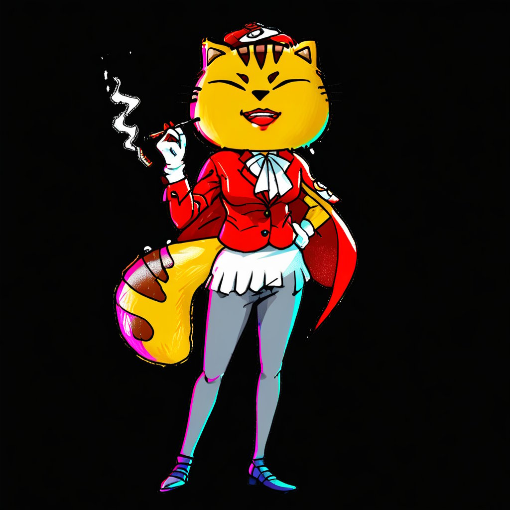 cape, holding, bowtie, smoking pipe, white background, closed eyes, furry female, standing on one leg, solo, red shirt, gloves