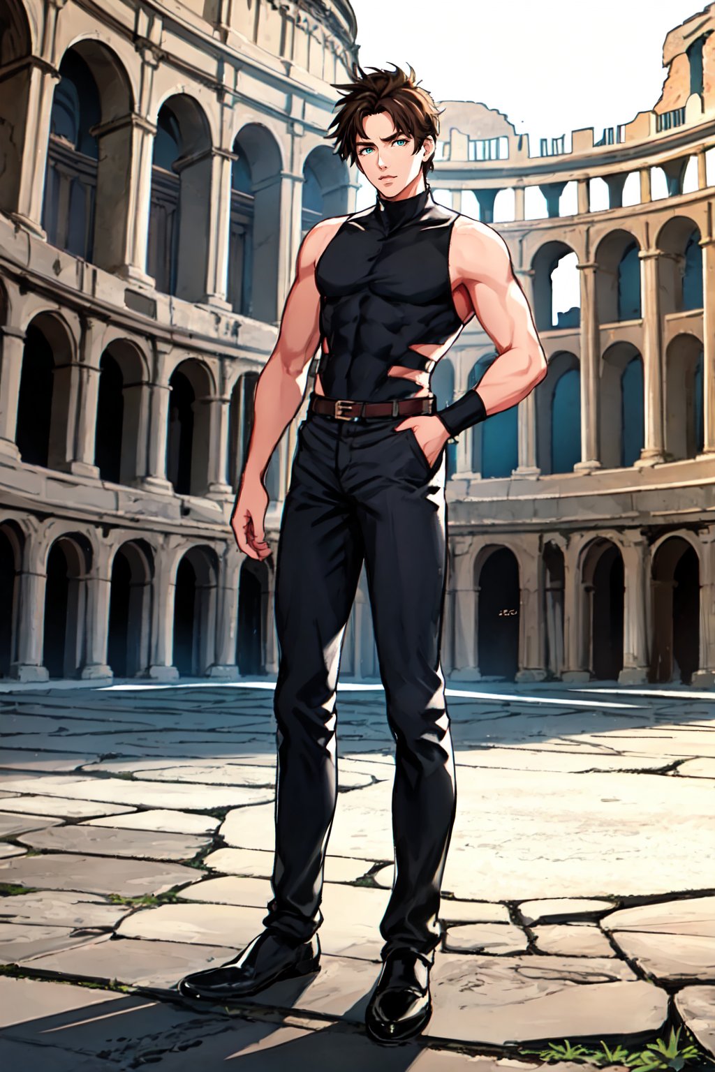 (masterpiece, best quality, highres, ultra-detailed),(beautiful and aesthetic:1.2), 1man, male focus, brown hair, teal eyes, full body, colloseum, ancient ruins <lora:JosephJ:0.8>