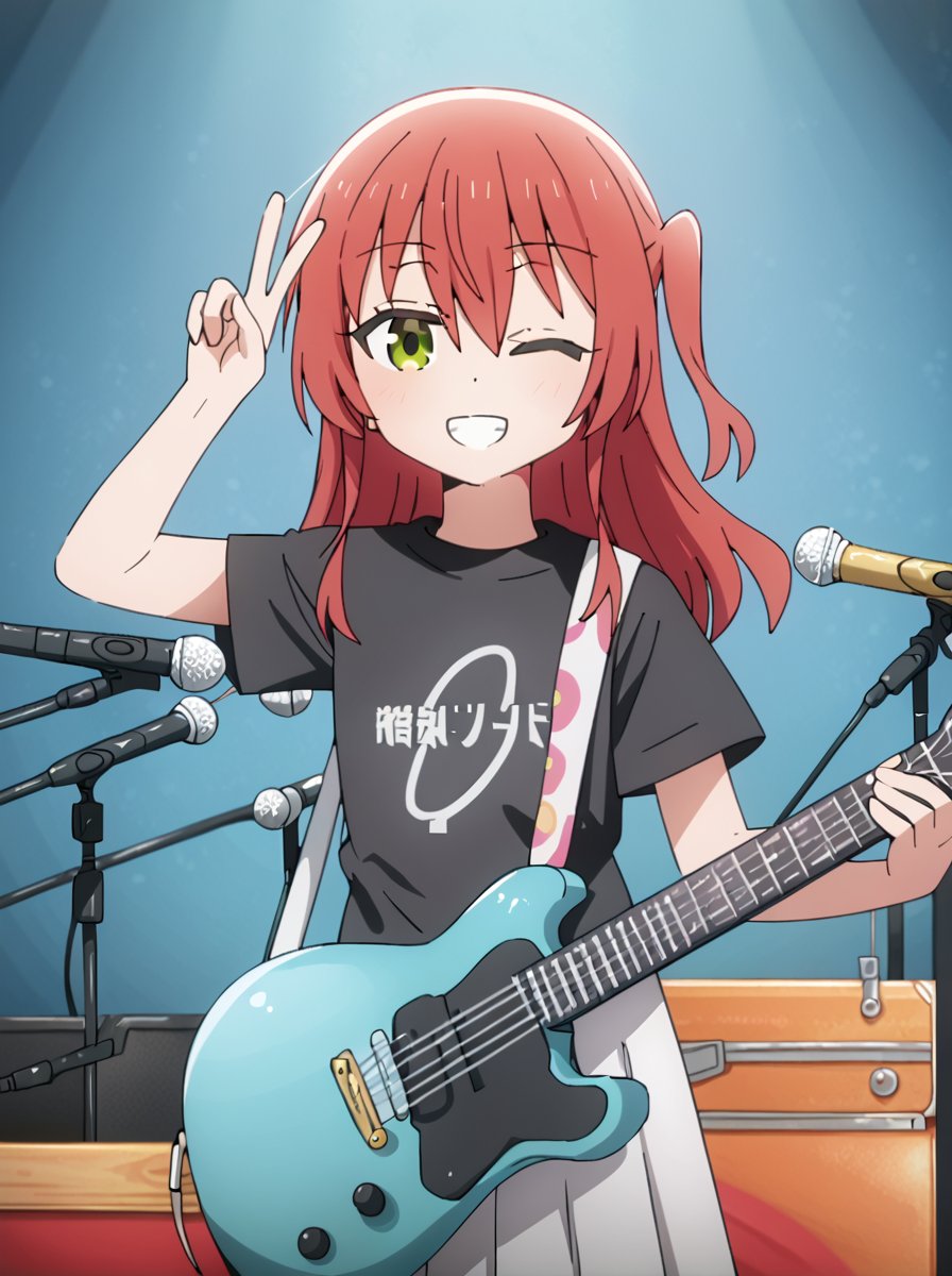 detailed background, shiny skin,<lora:ikuyo.pony:1>,ikuyo, aaa,guitar, stand mic, singing, open mouth, grin, v, peace, one eye closed, 