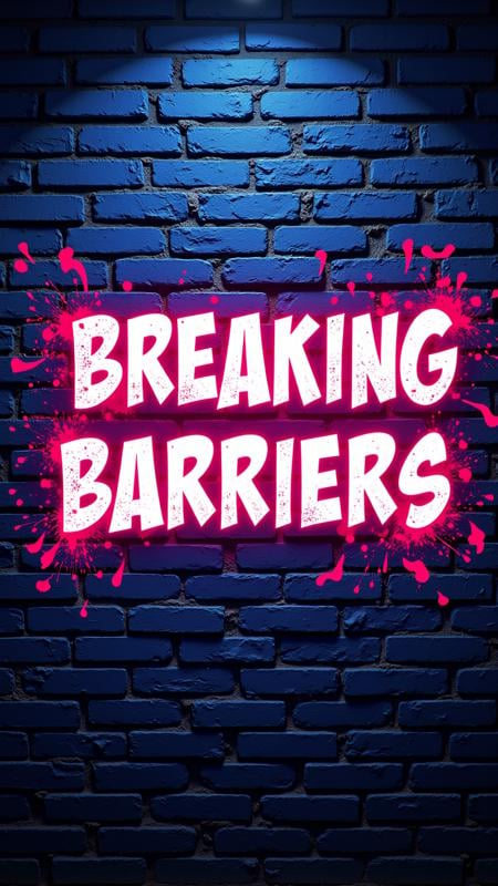 A graffiti-style poster with a brick wall in the background, the text “Breaking Barriers” spray-painted in neon colors across the center.   ,aidmatextimprover