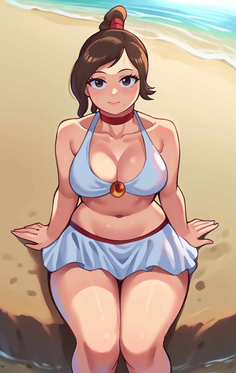 score_9,score_8_up,score_7_up pastel colors,highres BREAK <lora:tylee:1>,TyleeSDXL,1girl,solo,white skirt,large breasts,brown hair,navel,cleavage,brown eyes,swimsuit,ponytail,bikini,choker,midriff,braided ponytail,single braid,very long hair,braid,beach,cowboy shot,sitting,