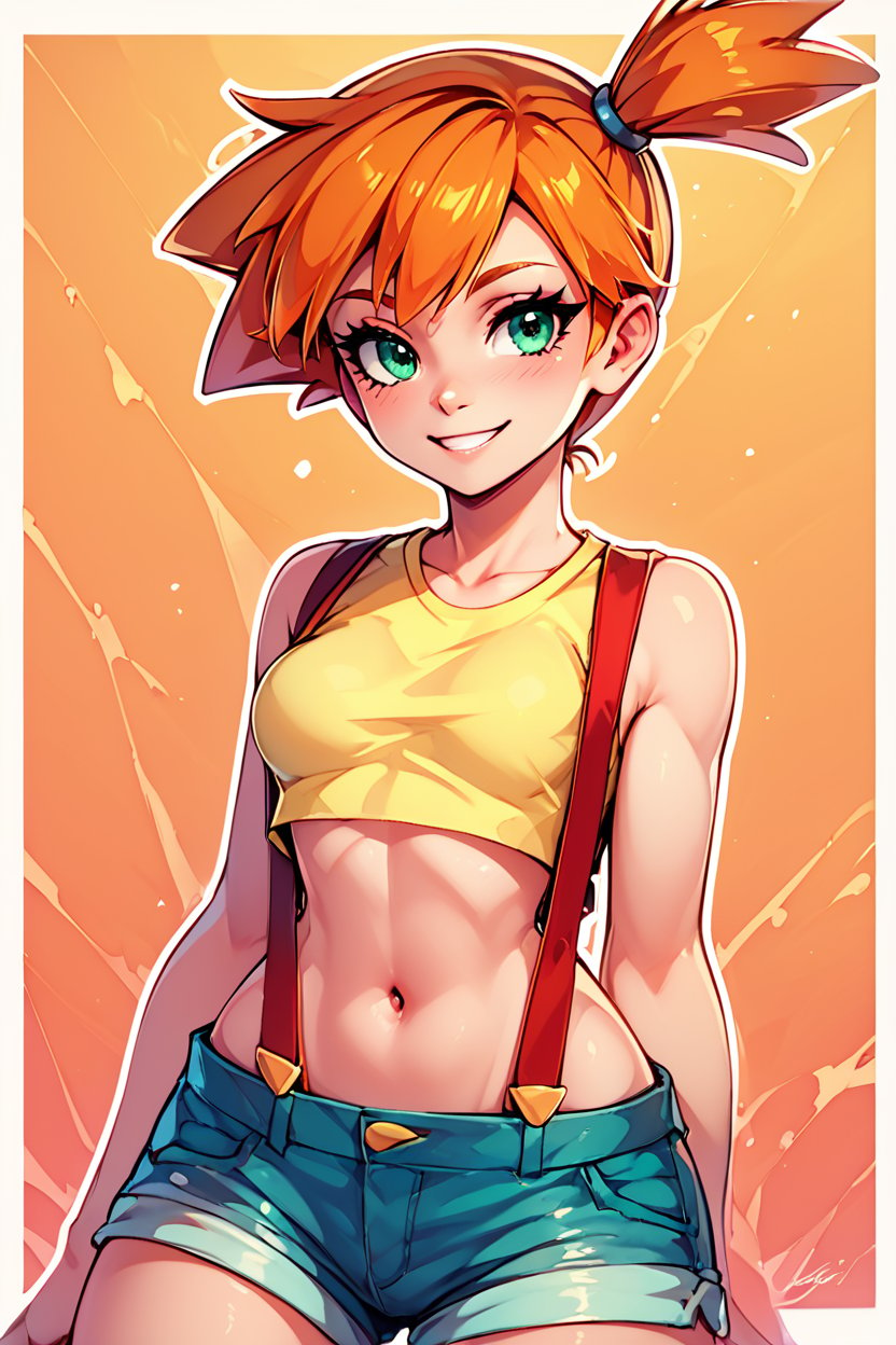 score_9, score_8_up, score_8, medium breasts, (curvy), cute, eyelashes,       BREAK, , zzMisty, green eyes, orange hair, short hair, side ponytail, shorts, suspenders, midriff, yellow crop top, navel, denim shorts, <lora:Misty_Pokemon_PDXL_v2:0.8>, , BREAK, smile, looking at viewer,  abstract background, white outline, cowboy shot, embedding:zPDXL, Expressiveh, <lora:CatalystStylePDXL:0.6>,  <lora:SDXLFaeTastic2400:0.5>,  <lora:Expressive_H-000001:0.4>,