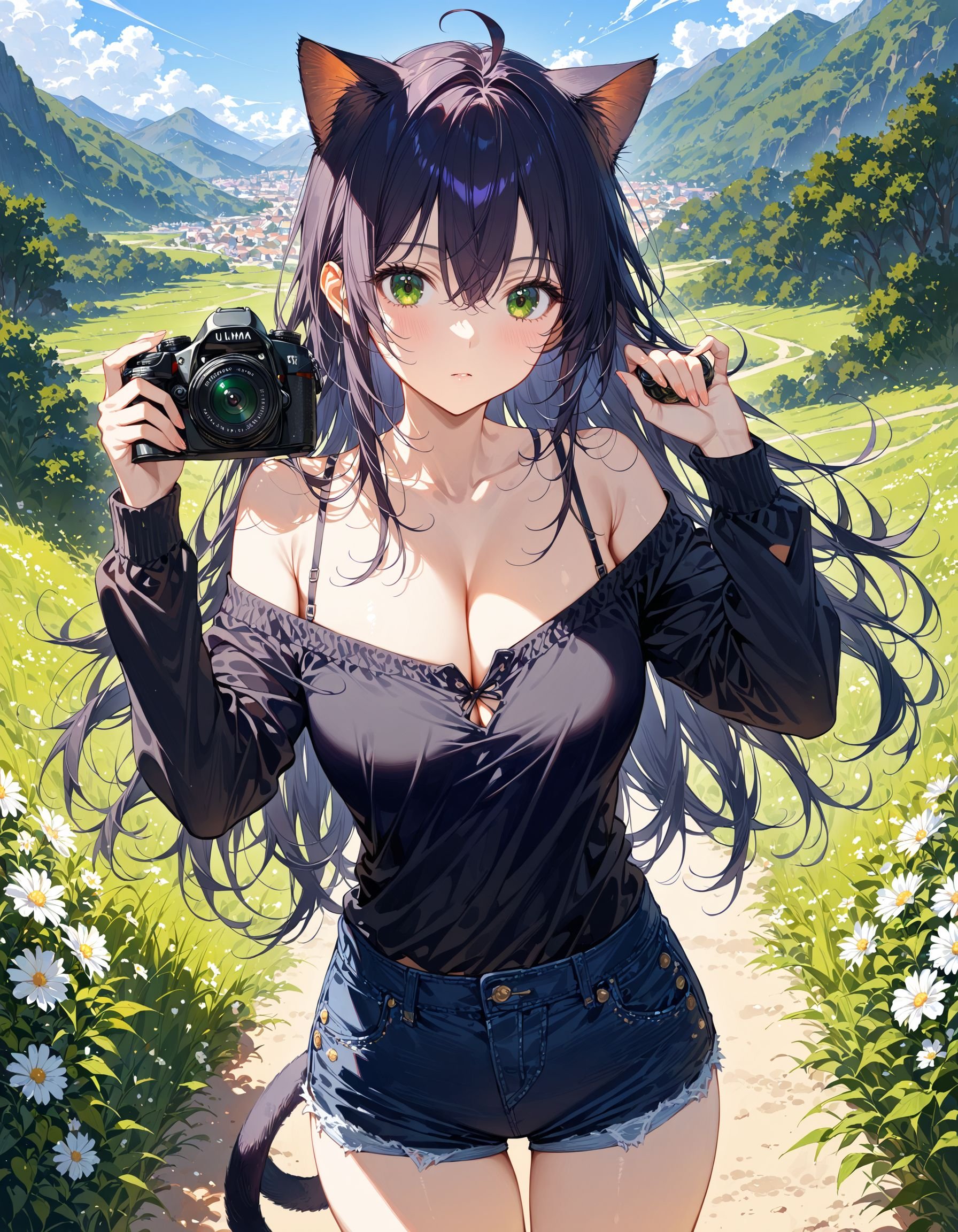 1girl, solo, long hair, breasts, looking at viewer, bangs, shirt, black hair, long sleeves, holding, animal ears, cleavage, hair between eyes, bare shoulders, green eyes, standing, ahoge, cowboy shot, outdoors, sky, shorts, cat ears, off shoulder, hands up, black shirt, short shorts, black shorts, messy hair, camera, holding camera, masterpiece, ultra-detailed, best quality ,intricate details,