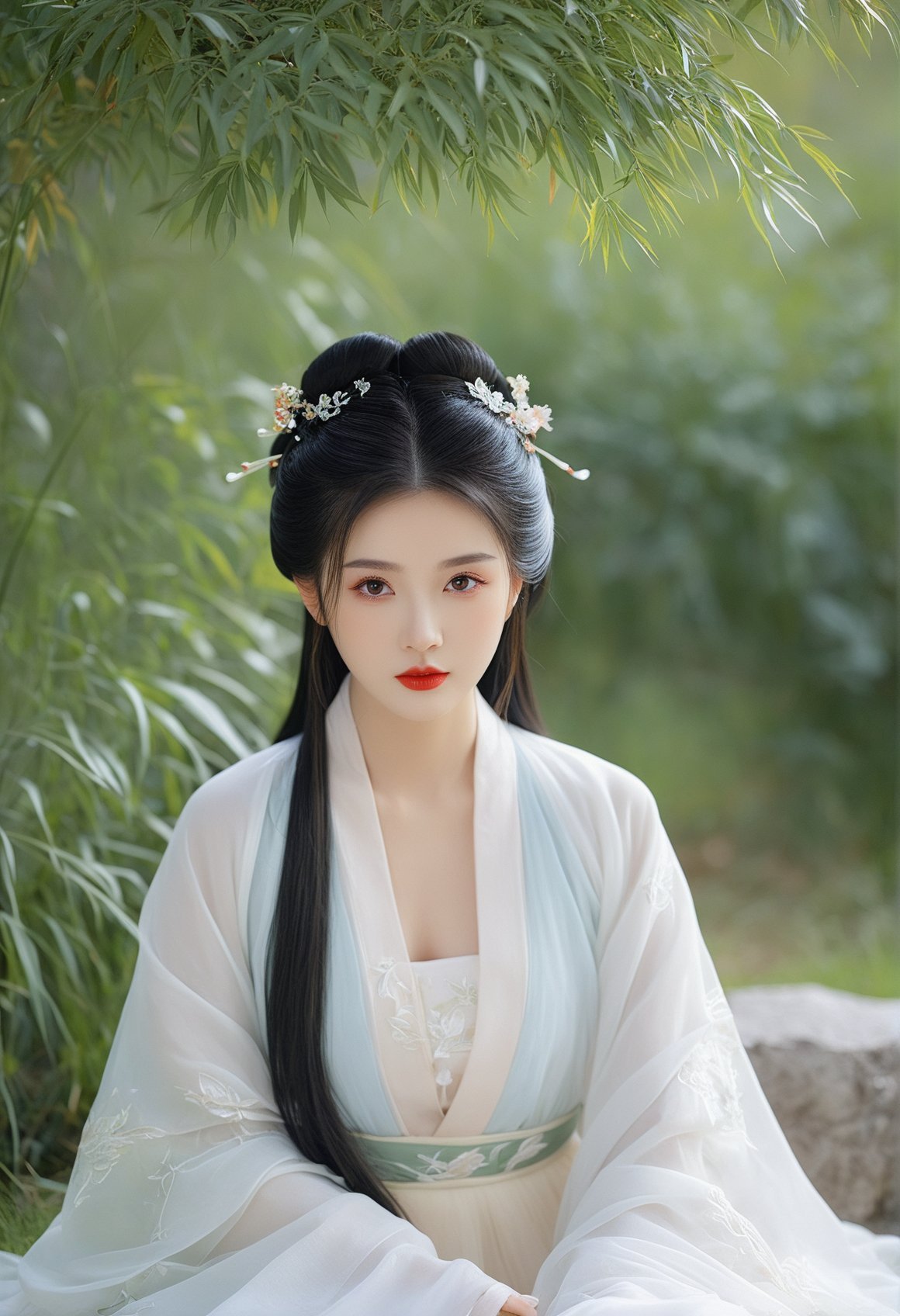 hanfu,1girl, solo, black hair, chinese clothes, long hair, hair ornament, outdoors, realistic, looking at viewer, sitting, dress, grass, long sleeves, black eyes, red lips, hair bun, blurry, wide sleeves, white dress, lips, blurry background, leaf, masterpiece,best quality,high-resolution image,High quality,Superb lighting,Highly detailed,Sharp focus,8K UHD,