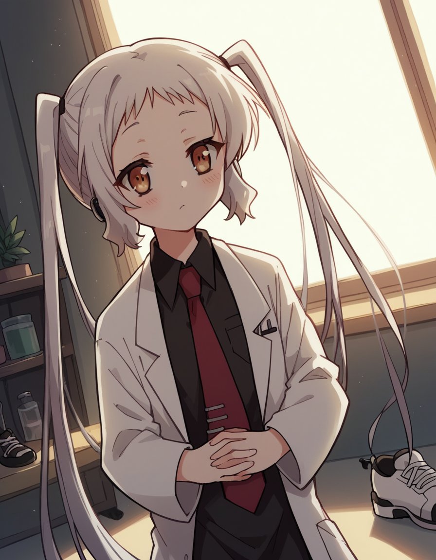 score_9, score_8_up, score_7_up, source_anime, <lora:korewazombie-ariel-s2-ponyxl-lora-nochekaiser:1>, ariel, long hair, twintails, brown eyes, white hair,, necktie, red necktie, labcoat, white labcoat, shirt, black shirt, collared shirt,, suburban neighborhood, morning jog, earphones, running shoes, fresh air, sunrise, , , hands on stomach, blush,, solo,, cowboy shot, dutch angle