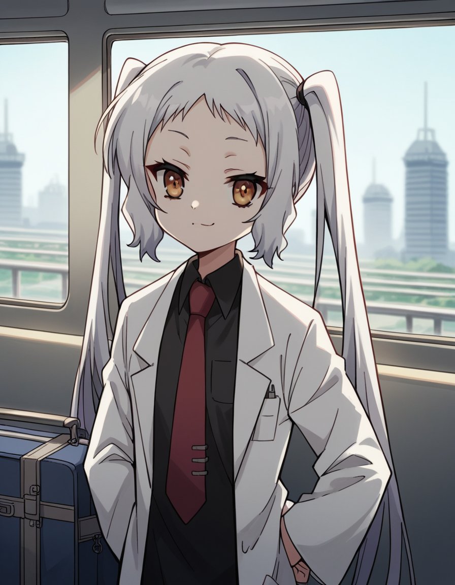 score_9, score_8_up, score_7_up, source_anime, <lora:korewazombie-ariel-s2-ponyxl-lora-nochekaiser:1>, ariel, long hair, twintails, brown eyes, white hair,, necktie, red necktie, labcoat, white labcoat, shirt, black shirt, collared shirt,, train station, waiting for train, suitcase, traveling, commute, city skyline, hands behind back,, , , smug, hand on hips,, solo,, cowboy shot, dutch angle