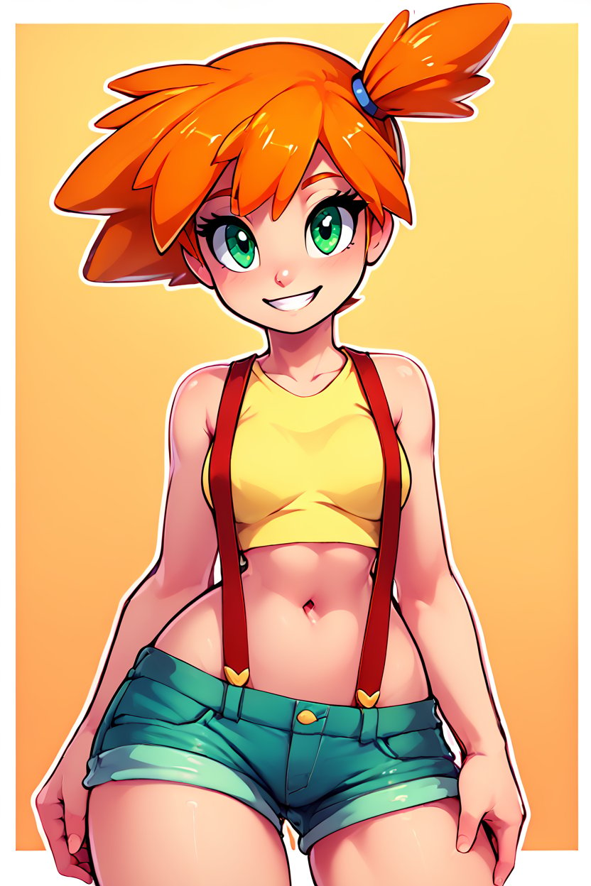 score_9, score_8_up, score_8, medium breasts, (curvy), cute, eyelashes,       BREAK, , zzMisty, green eyes, orange hair, short hair, side ponytail, shorts, suspenders, midriff, yellow crop top, navel, denim shorts, <lora:Misty_Pokemon_PDXL_v2:0.8>, , BREAK, smile, looking at viewer,  abstract background, white outline, cowboy shot, embedding:zPDXL, Expressiveh, <lora:theOtherHalfPDXL:0.8>,  <lora:CatalystStylePDXL:0.6>,  <lora:SDXLFaeTastic2400:0.5>,  <lora:Expressive_H-000001:0.4>,