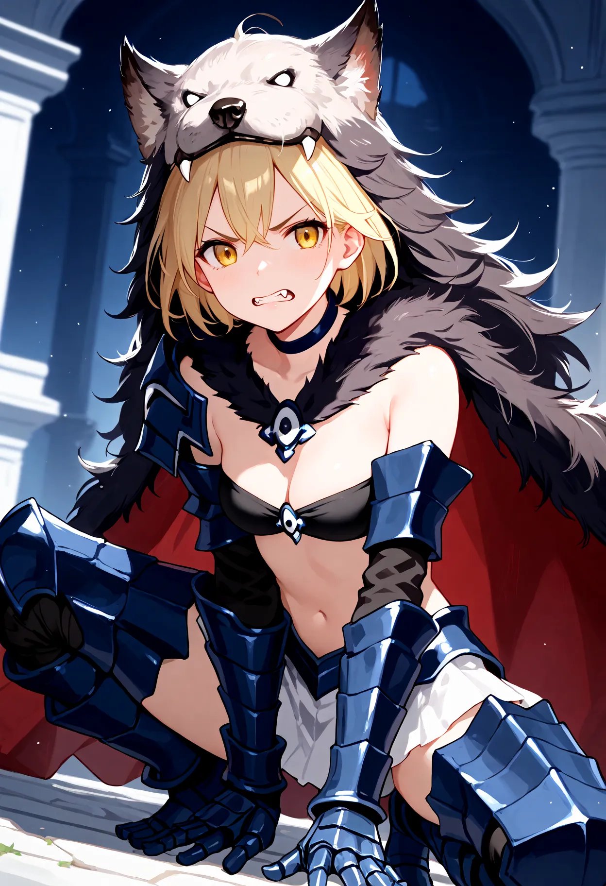 score_9, score_8_up, score_7_up, BREAK, best quality, masterpiece, very aesthetic, ultra detailed,very detailed background,BREAK,zPDXL3,Djeeta,Djeeta_Berserk, short hair, blonde hair, thighhighs, yellow eyes, midriff, cape, armor,fur trim, fangs, white skirt, gauntlets, armored boots, grey_pelt, bandeau, bare shoulders,grey_fur,squatting, looking at viewer, dutch angle, angry,  <lora:Djeeta-ponyXL:1>