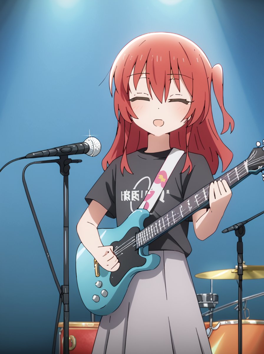 detailed background, shiny skin,<lora:ikuyo.pony:1>,ikuyo, aaa,guitar, stand mic, singing, 