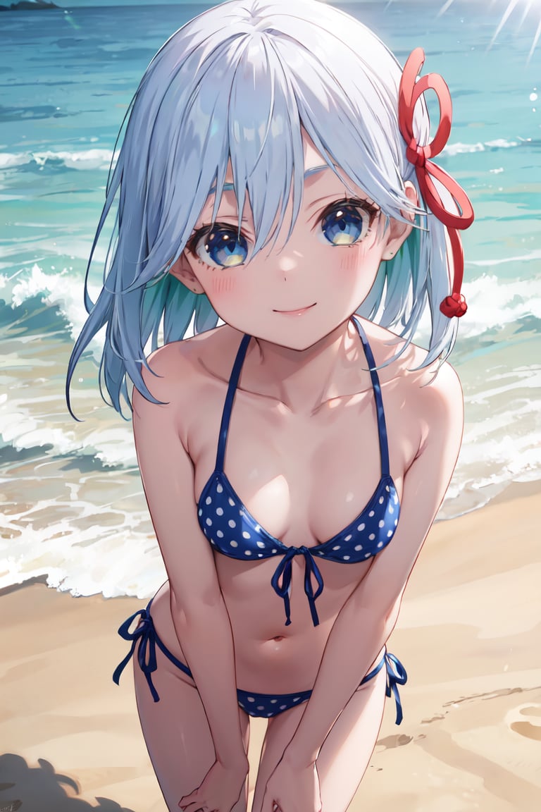 masterpiece, best quality, ultra-detailed, glistening shiny, glowing light, ray tracing, HDR, deph of field, (perfect face, detailed face), <lora:AmagamiAsahi:0.8>,  amagamiasahi, small breasts, hair ornament, smile, polka dot bikini, bare arms, bare legs, standing, beach