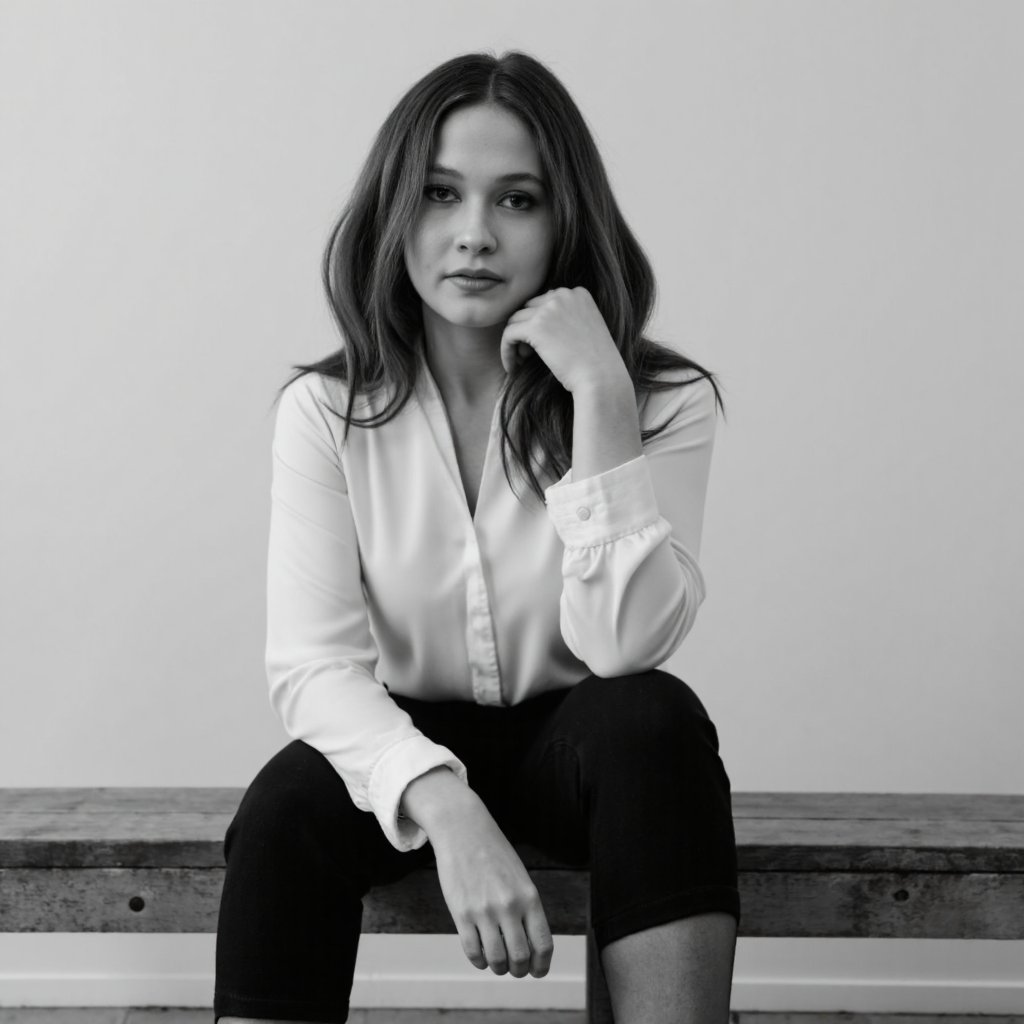 A black and white portrait of cailee_spaeny, captured in a contemplative pose. She sits on a wooden bench, her head resting on her hand, and her long, wavy hair cascading down her back. She wears a white blouse and patterned tights. The background is blurred, highlighting the subject. The image conveys a serene and introspective mood.