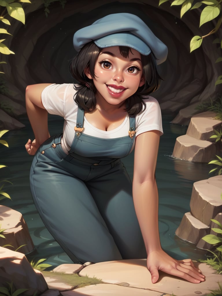 score_9, score_8_up, score_7_up, 1girl, leaning forward, cute pose, cavern, rocks, water, detailed background, detailed background, smile, looking at viewer, smile, cowboy shot, (dynamic pose:1.1), dynamic angle, from below,<lora:AudreyRocio_character:0.85>, AudreyXLP, black hair, short hair, hat, blue overalls, white shirt, lipstick, dark skin, cartoon, <lora:Realistic_2.5DAnime_Merge1:0.6>