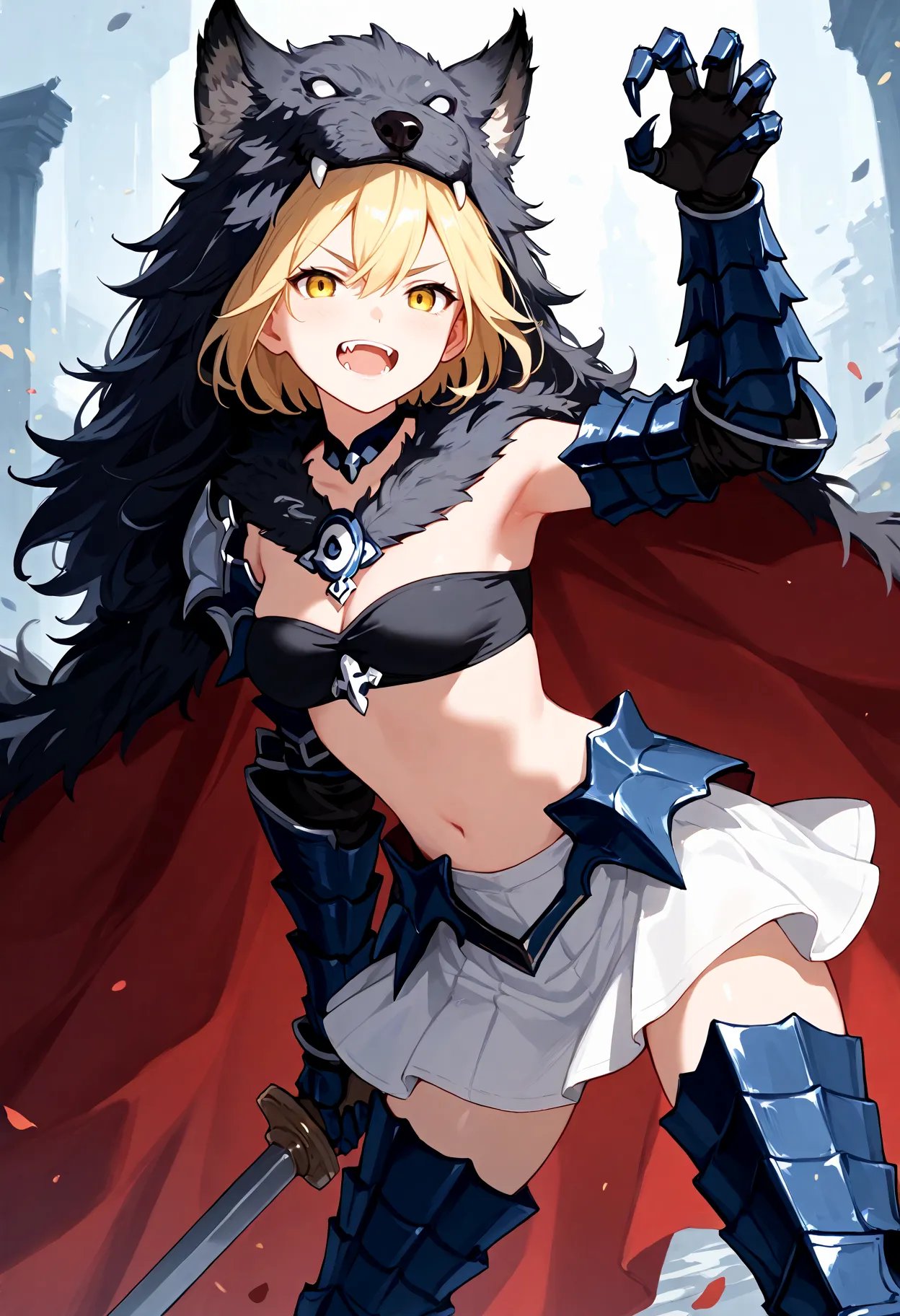 score_9, score_8_up, score_7_up, BREAK, best quality, masterpiece, very aesthetic, ultra detailed,very detailed background,BREAK,zPDXL3,Djeeta,Djeeta_Berserk, short hair, blonde hair, thighhighs, yellow eyes, midriff, cape, armor,grey fur trim, fangs, white skirt, gauntlets, armored boots, grey_pelt, bandeau, bare shoulders,smug,claw pose,  <lora:Djeeta-ponyXL:1>