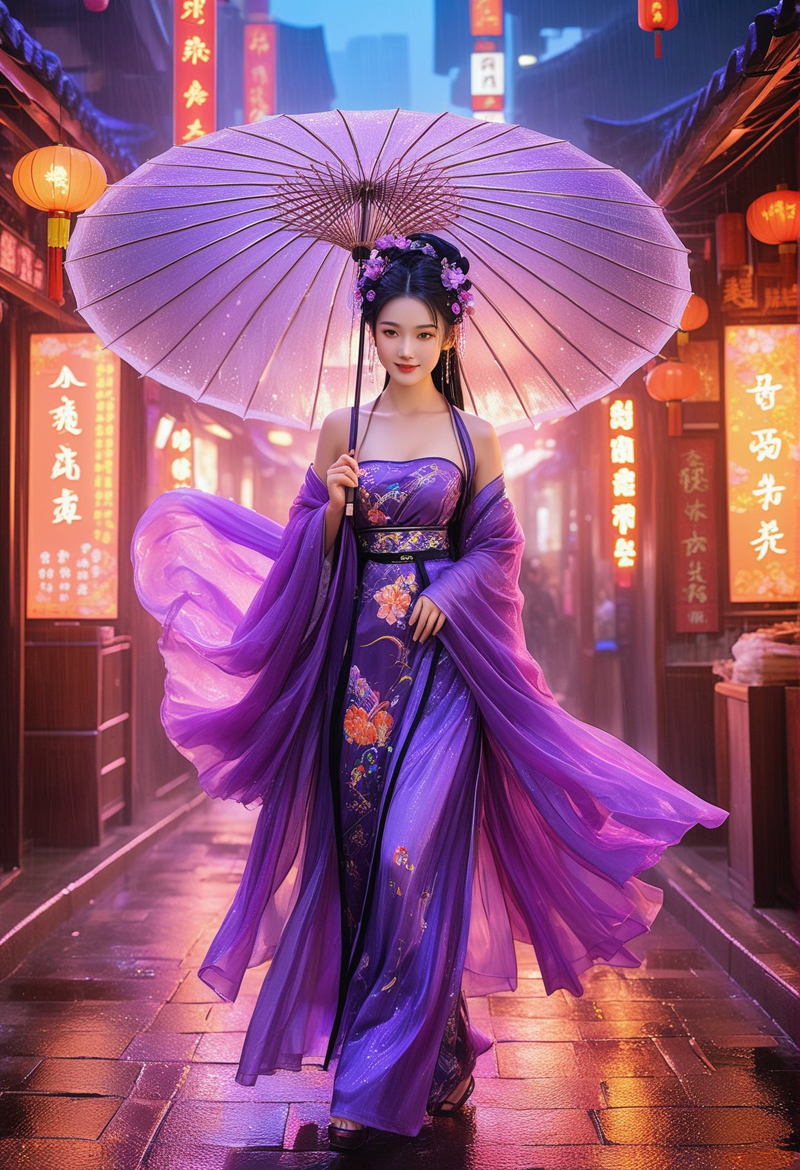 (Ultra realistic, intricate, Ultra high resolution masterpiece),(Amazing Primitivism Neuroaesthetic experiments art),(looking at viewer:1.2),(wet:1.3),detailed facial features,smile,The painting depicts an elegant beauty in ancient Chinese hanfu walking through a neon-lit cyberpunk cityscape. She wears an exquisite purple hanfu dress that flows gracefully with each step. The high-tech streets are bathed in the vibrant glow of holographic lights and animated signboards. Neon reflections dance across wet pavement slicked by recent rain. The maiden's porcelain features stand out amidst the dazzling city glow. Her jet black hair spills over one shoulder,partially obscuring the silk flower pinned above her ear. A parasol shields her from the environmental stimuli. Pedestrians give her curious glances as she passes serenely by in contrast to the bustling crowds. The glow of vending machines and flickering screens reflects in her dark,knowing eyes. Though the surrounding city pulses with chaotic energy,the maiden retains a vision of composure and classic beauty., masterpiece,best quality,high-resolution image,High quality,Superb lighting,Highly detailed,Sharp focus,8K UHD,