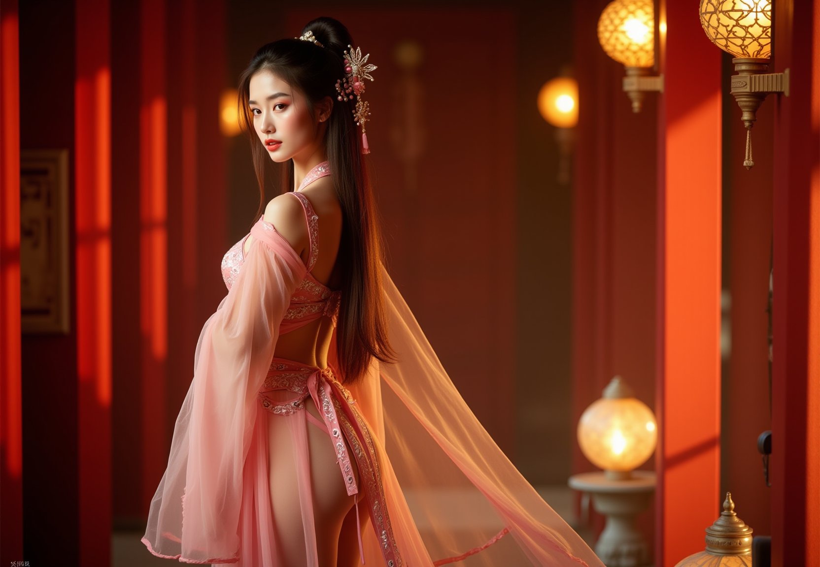 Award-winning photography captures the essence of ancient Oriental beauties posing in lavish Chinese palace settings. The stunning model showed off her toned physique and stunning curves in a stunningly beautiful Hanfu made entirely of sheer fabric with intricate patterns and designs. Her long dark brown hair cascades down her back in a vibrant pose, and her focused eyes are full of charm and seduction. Silk curtains adorn the pillars, ancient lanterns illuminate the hall, and delicate golden light fixtures sparkle in the soft light. Her perfect figure was almost completely covered by the flowing Hanfu, leaving only her attractive plump breasts and small nipples, teasing the audience's gaze. A few strands of hair set off her delicate face, sexy red lips and seductive aura. These images exude an intoxicating sense of luxury, sensuality and ancient mystery. Movie special effects style.