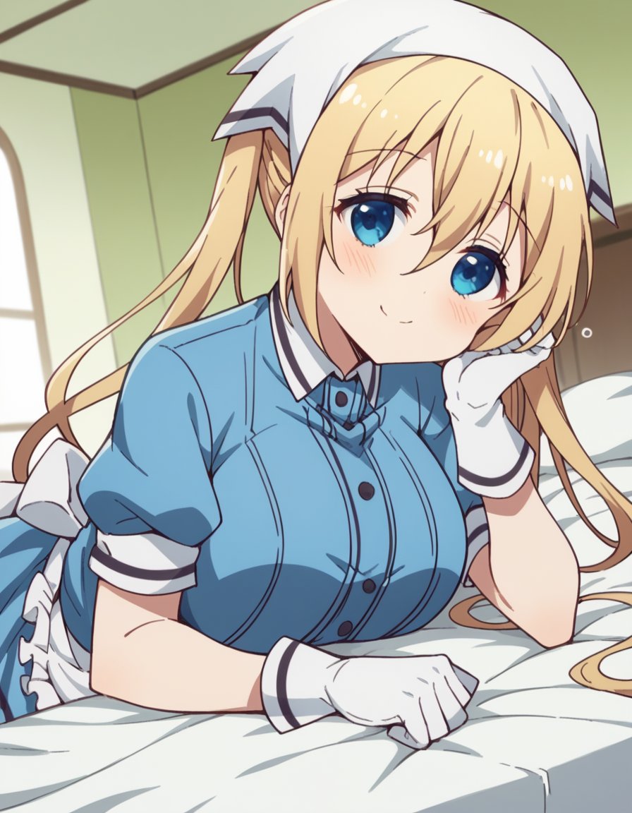 score_9, score_8_up, score_7_up, source_anime, <lora:kaho-hinata-s1-ponyxl-lora-nochekaiser:1>, kaho hinata, blonde hair, blue eyes, hair between eyes, long hair, sidelocks, twintails, large breasts, apron, blue shirt, blue skirt, frilled apron, frills, gloves, head scarf, shirt, short sleeves, skirt, uniform, waist apron, waitress, white apron, white gloves, indoors, bed, bed room, on side, blush, drunk,, smile, looking at viewer, sitting, elbow rest, table,, solo,, cowboy shot, dutch angle