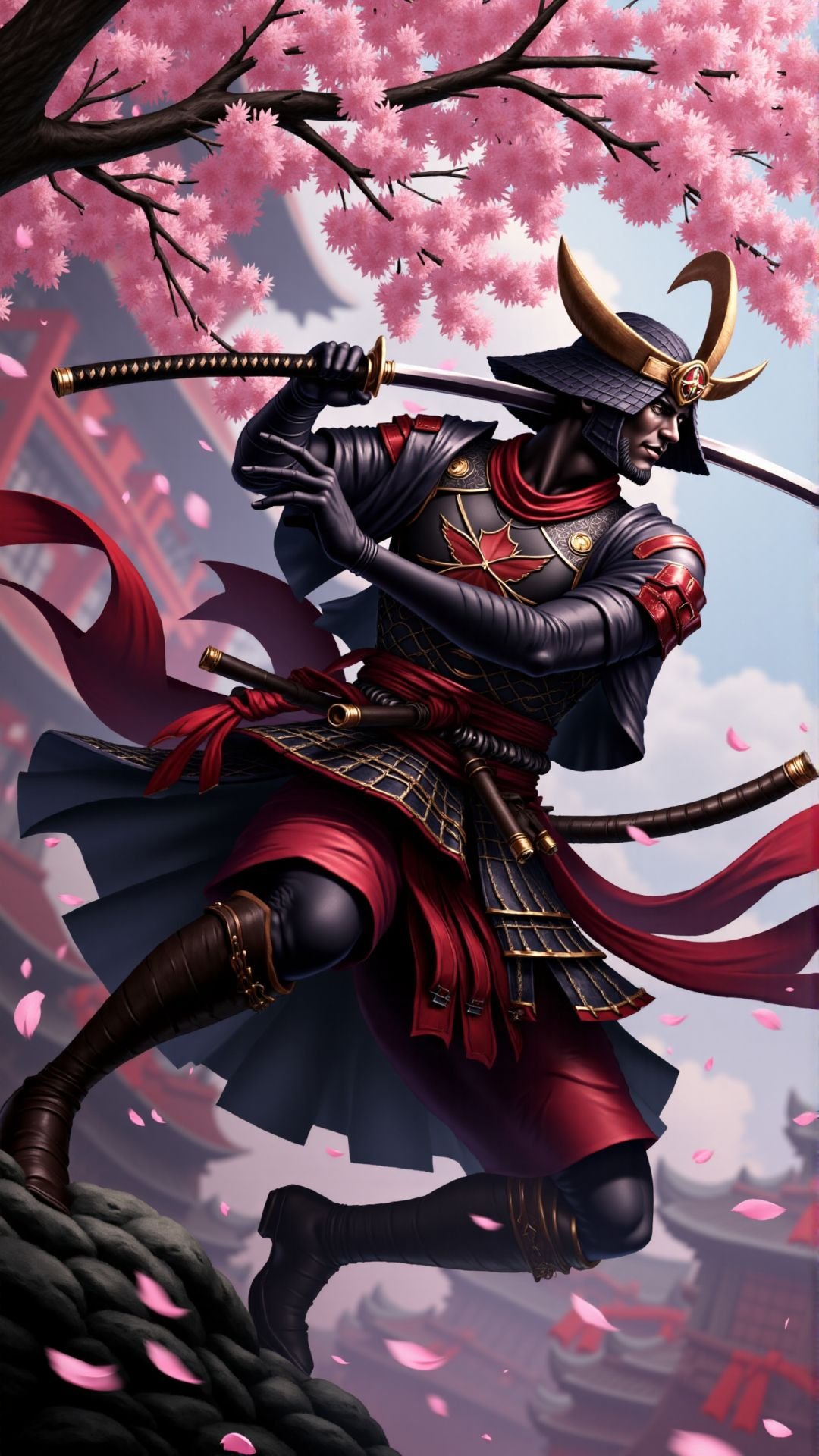 A samurai warrior battling a ninja, feudal Japan, katana, cherry blossoms , <lora:aidmaDarkFantasy-FLUX-rapid-V0.1:1> , aidmaDarkfantasy